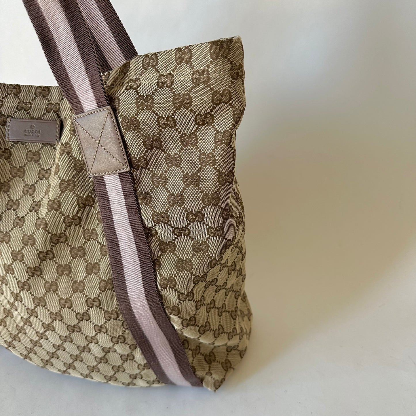 Gucci Brown Monogram Tote W/ Lilac Web Stripe