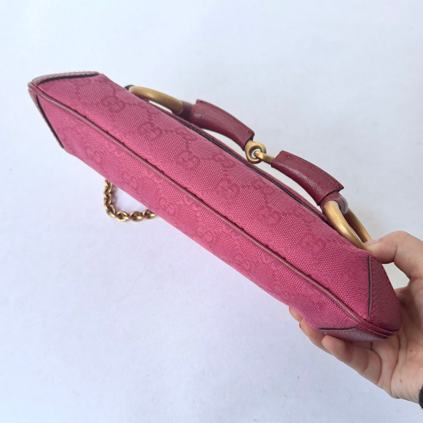 Gucci 2004 Fuchsia Canvas Monogram Tom Ford Horsebit Chain Clutch