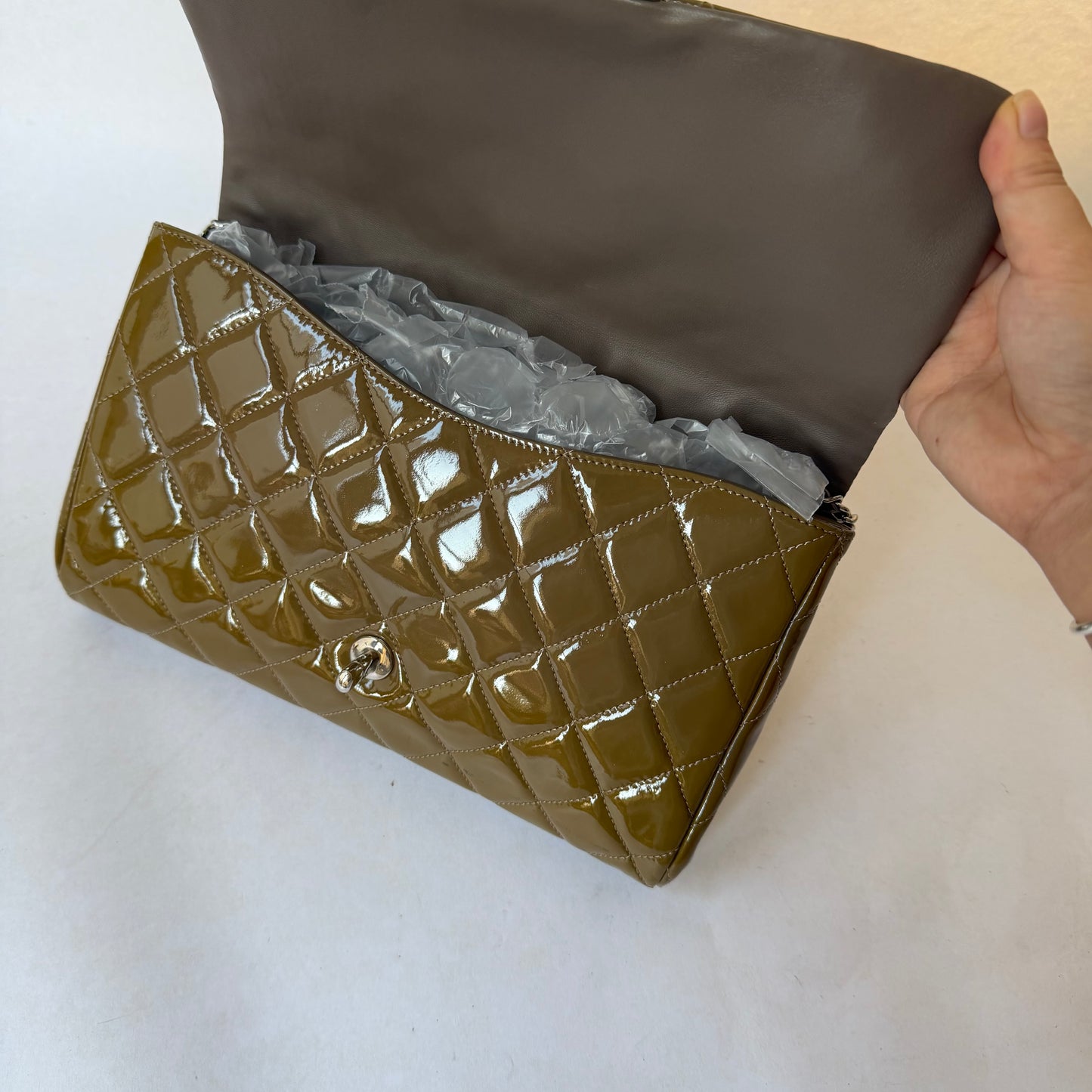 Chanel 2011 Patent Khaki Leather Classic Flap Clutch Shoulder Bag