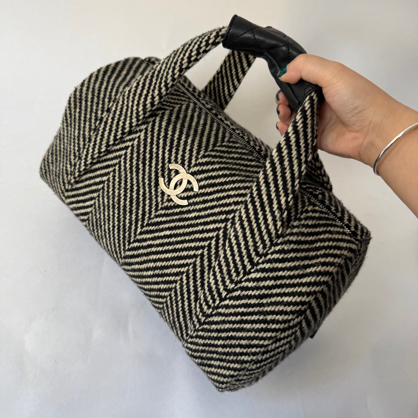 Chanel Black & White Wool Chevron Bowler Bag