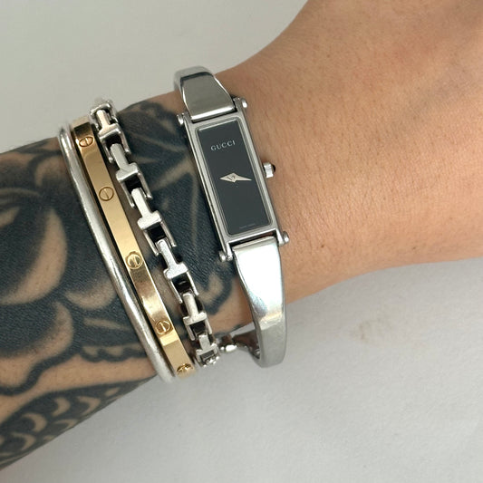 Gucci Silver Black Dial Horsebit Bangle Watch