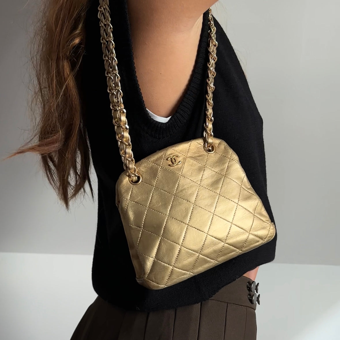 Chanel 1990 Gold Lambskin Kisslock Shoulder Bag