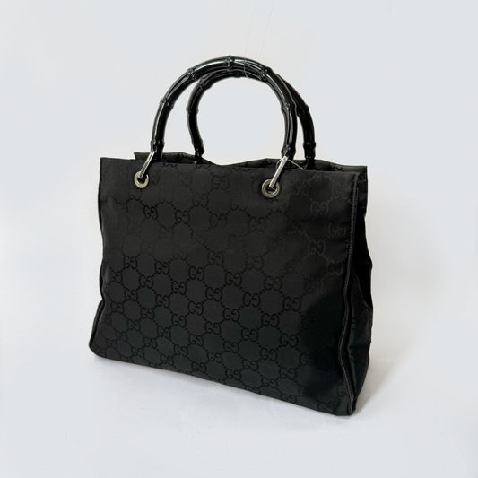 Gucci Black Monogram Canvas Bamboo Handle Shoulder Bag