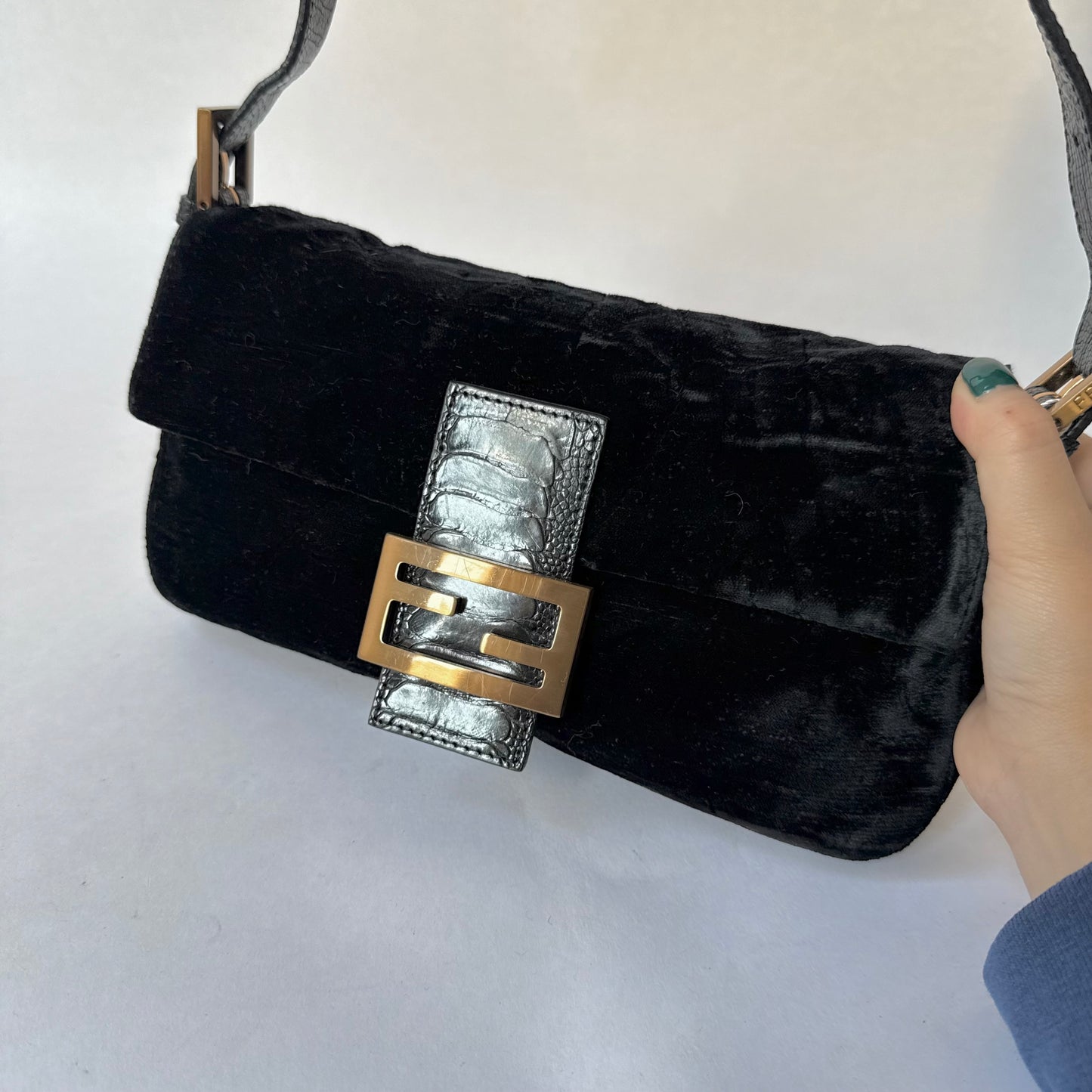 RARE Fendi Black Floral Embossed Velour & Crocodile GHW Baguette