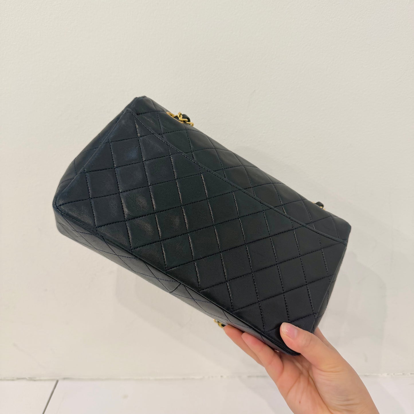 Chanel 1989 Navy Black Lambskin Leather Double Chain Matelasse Diana Flap Bag w/ Wallet