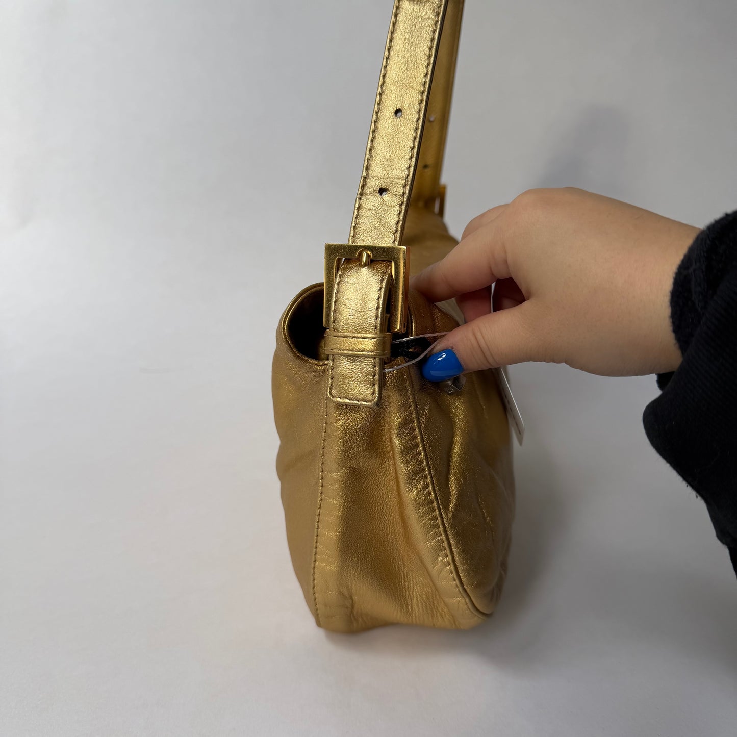 Fendi Gold Metallic Leather Rounded Baguette Shoulder Bag
