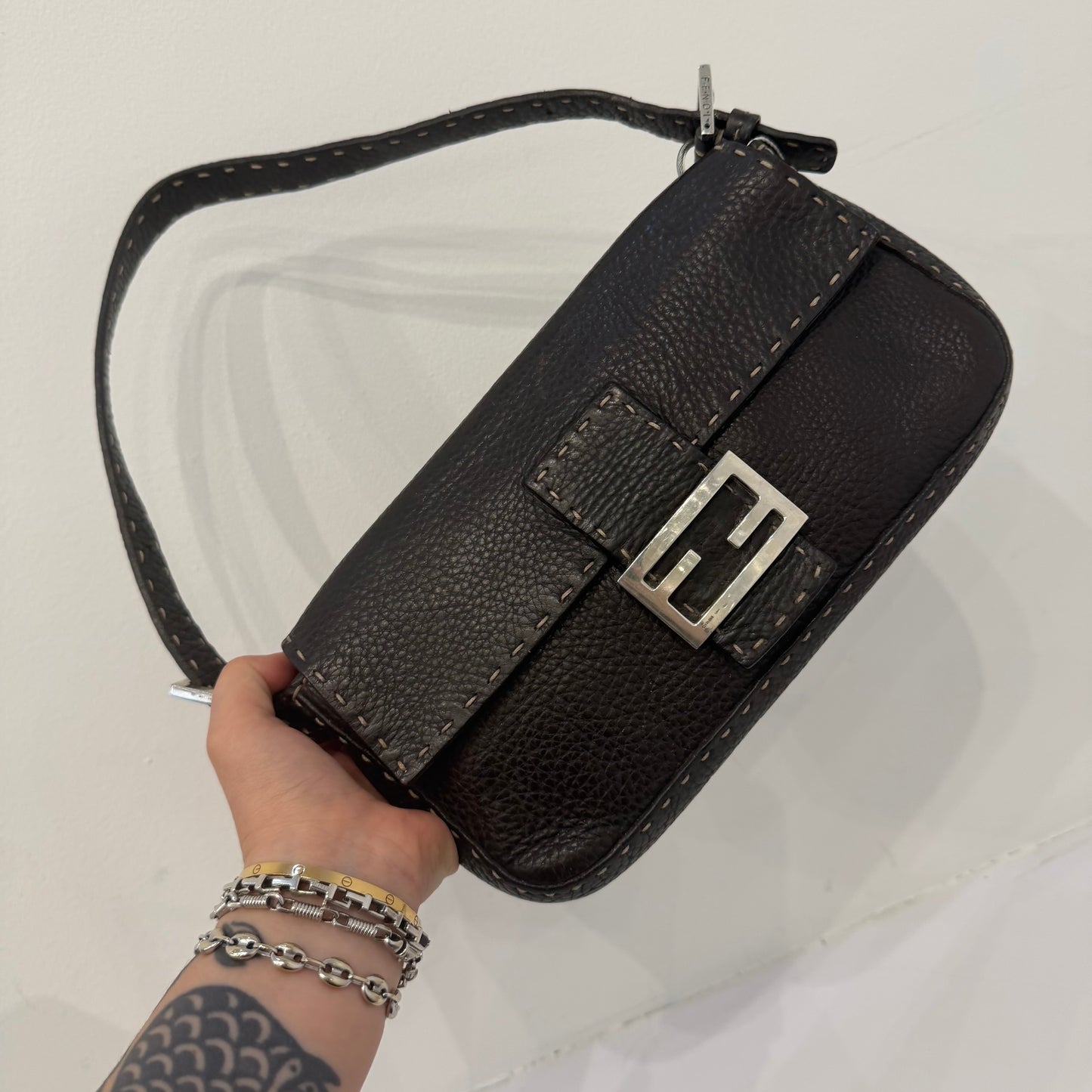 Fendi Brown Leather Selleria Baguette Shoulder Bag