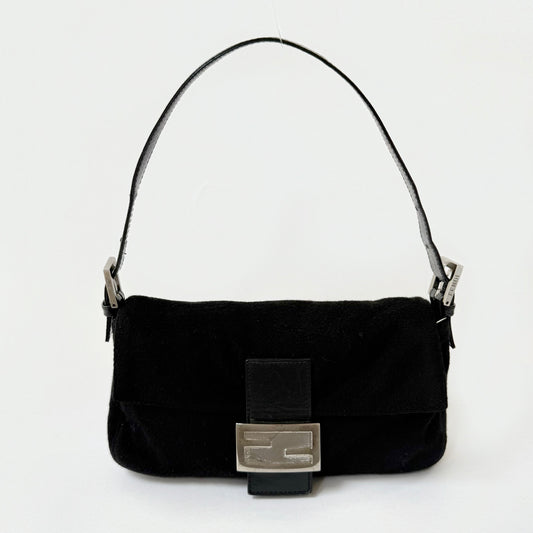 Fendi Black Cashmere Silver Hardware Baguette