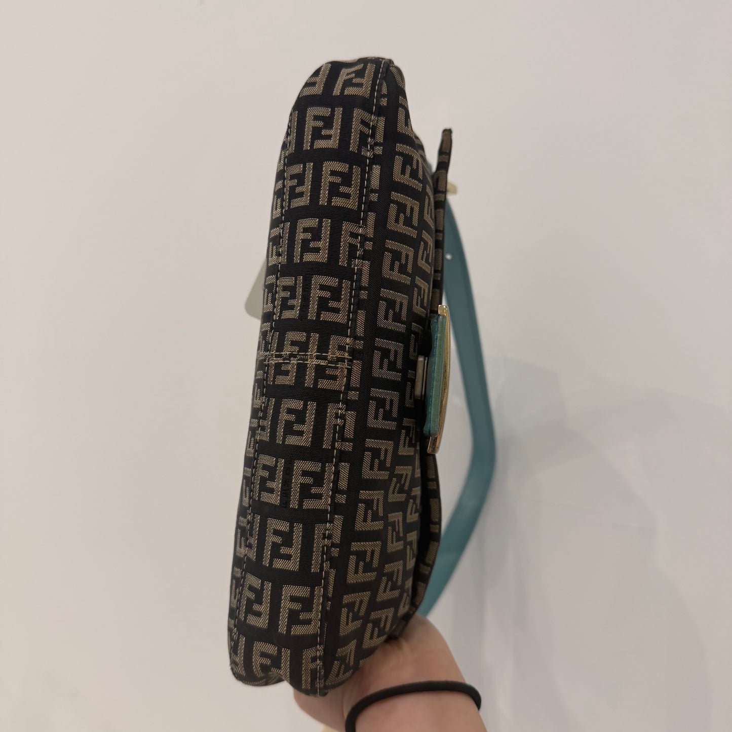 Fendi Black Zucchino Canvas & Teal Leather Baguette Shoulder Bag