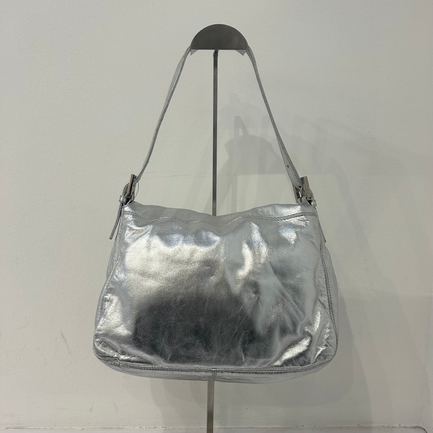 Fendi Silver Metallic Leather Mamma Baguette Shoulder Bag
