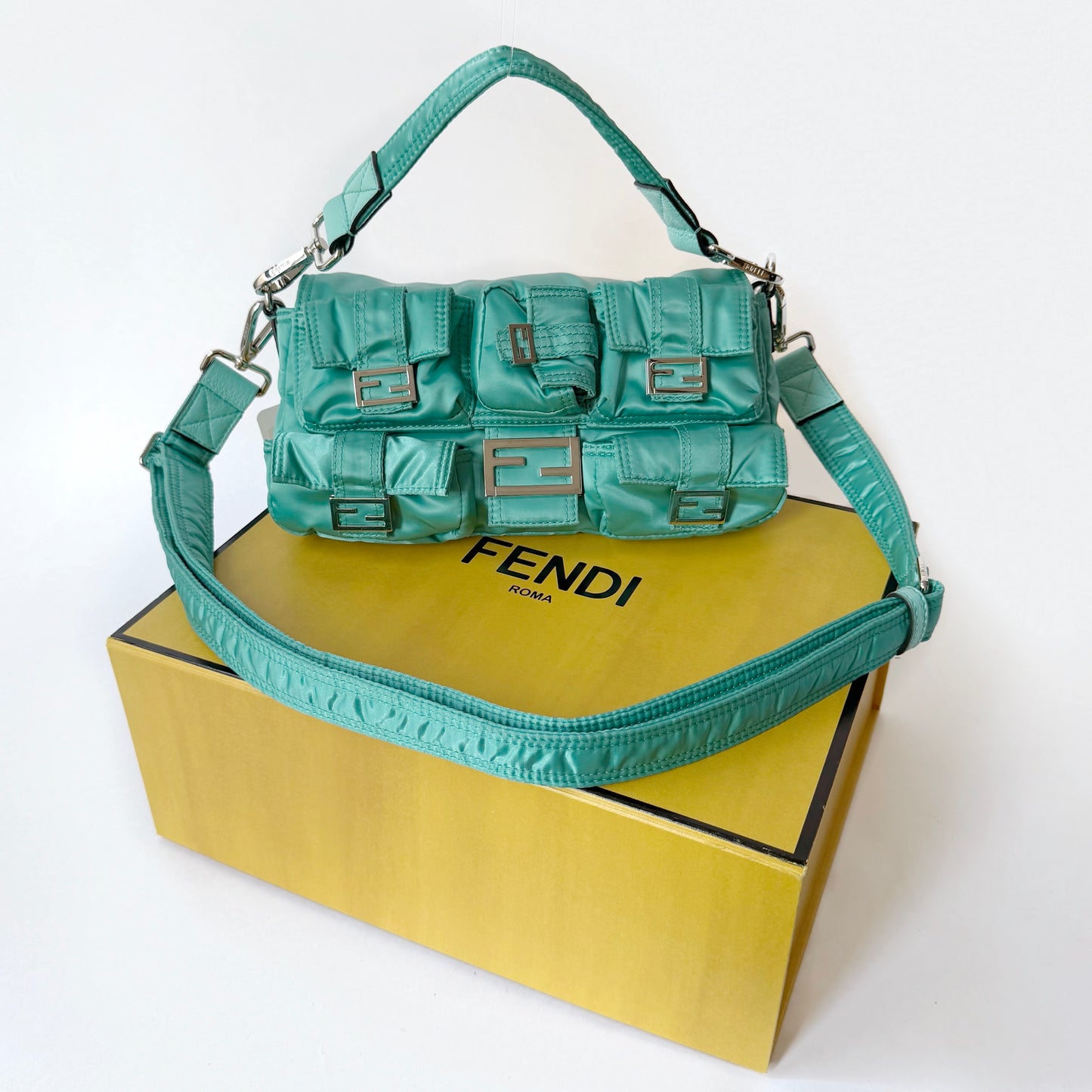 Fendi AW22 Multi Pocket Teal Nylon Baguette