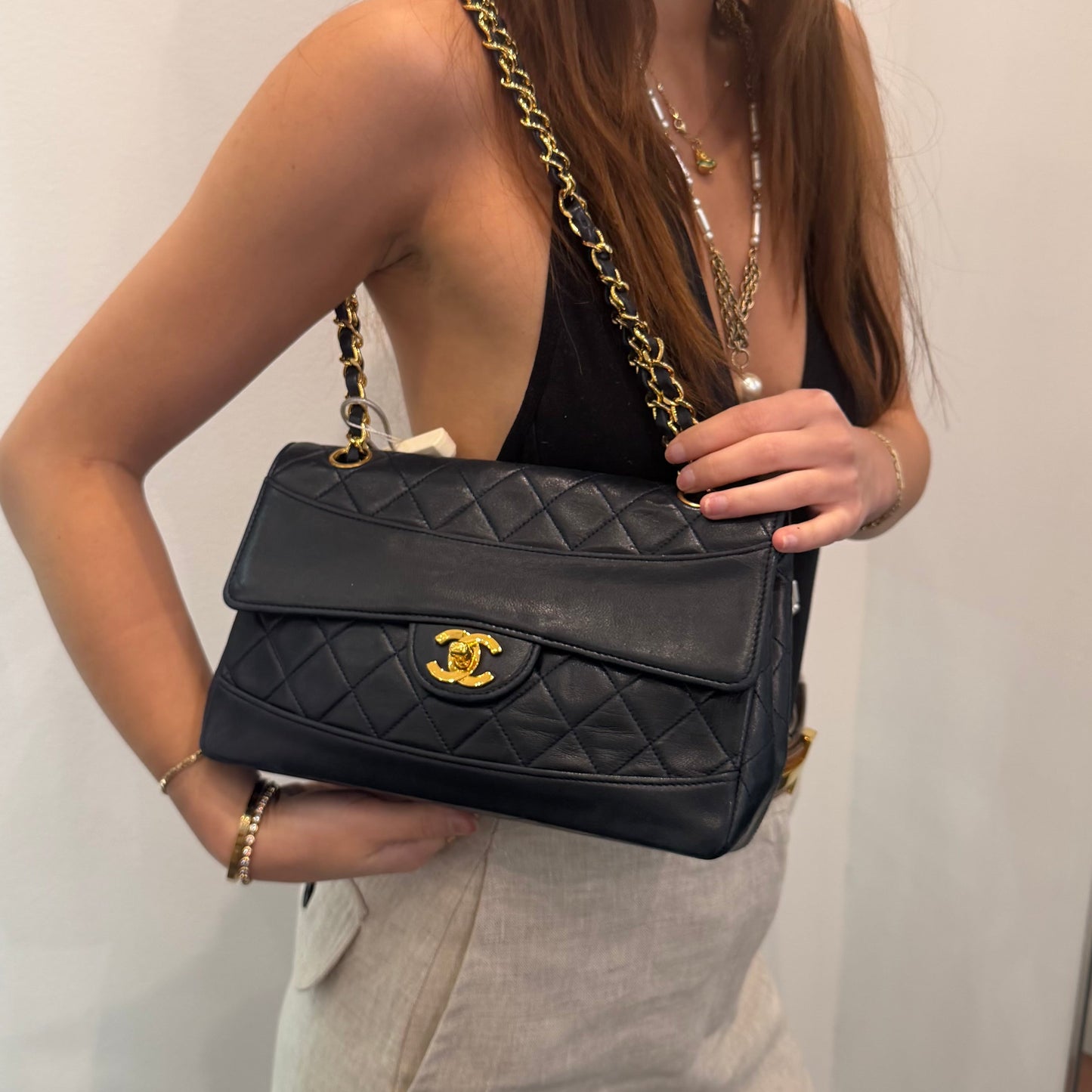 Chanel 1989 Navy Black Lambskin Leather Double Chain Matelasse Diana Flap Bag w/ Wallet