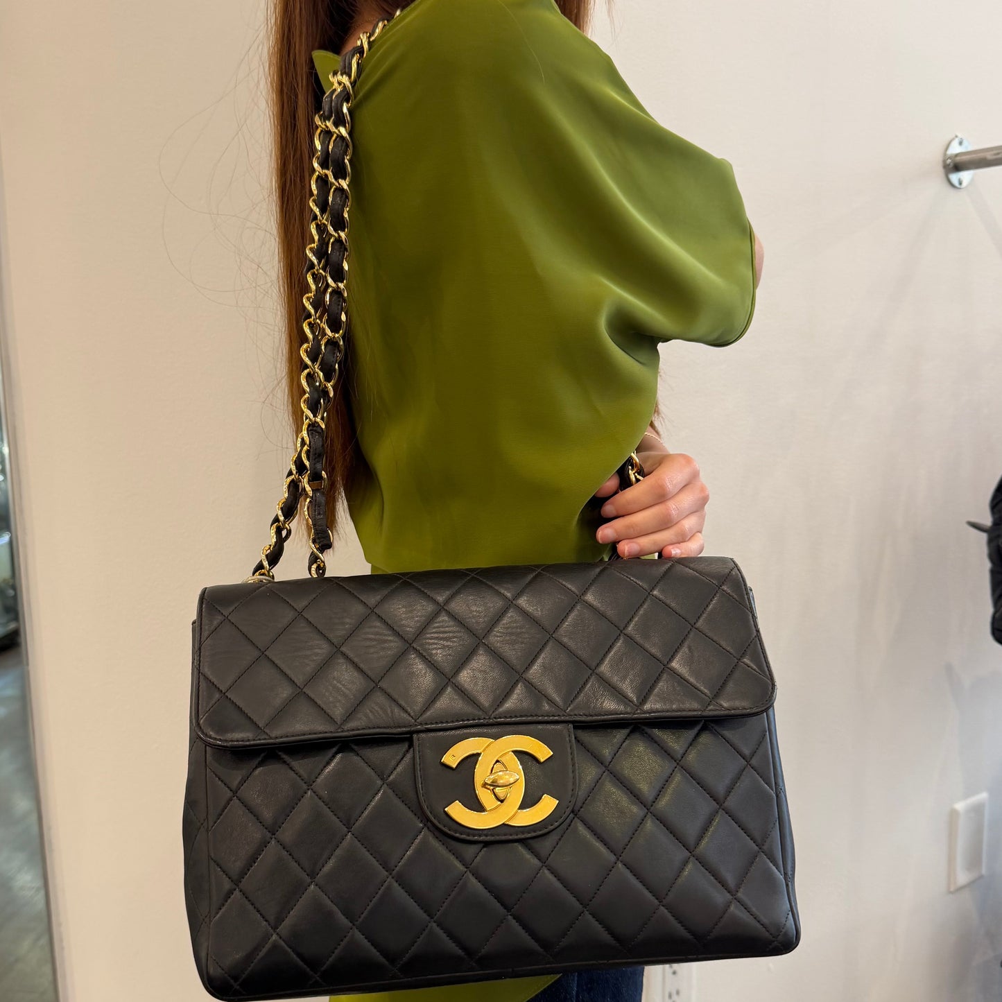 Chanel 24KGP Black Lambskin Leather Matelasse Jumbo Bag