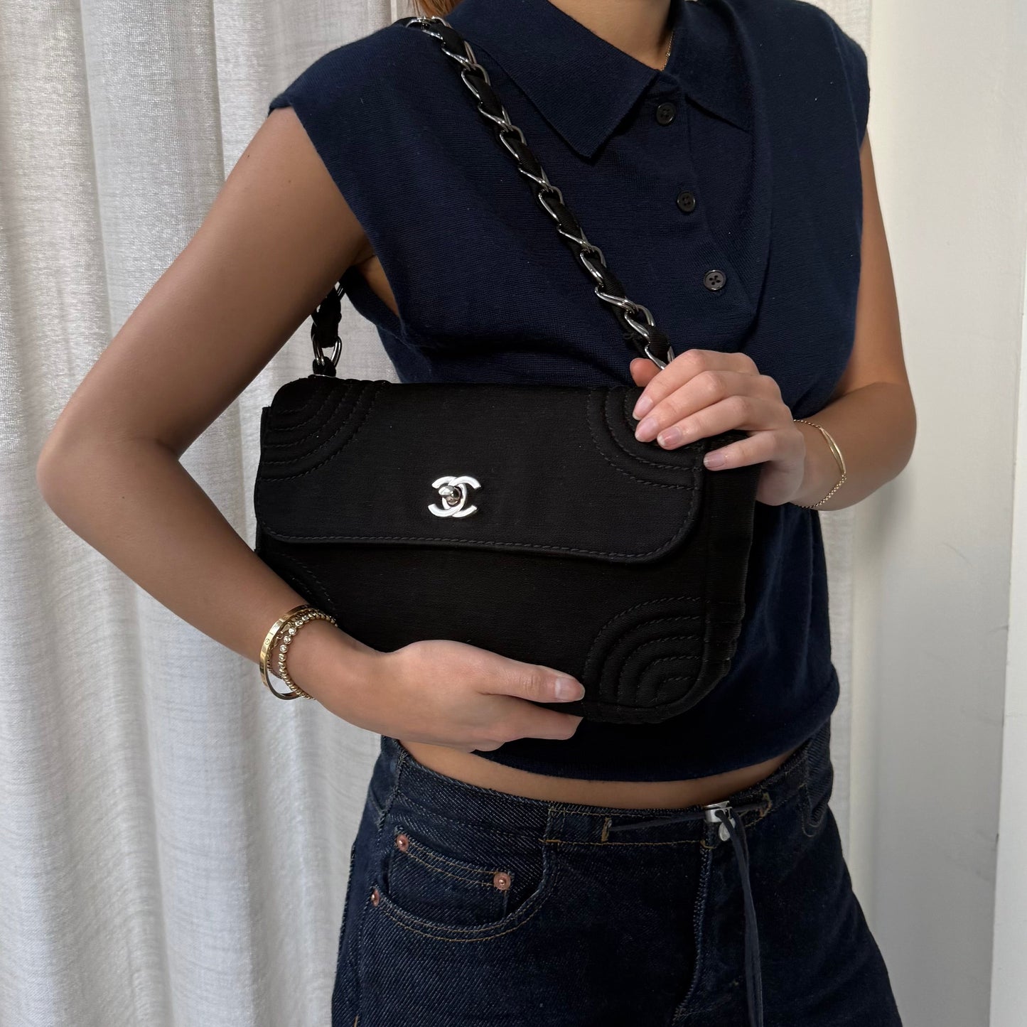 Chanel Black Jersey Chain Shoulder Flap