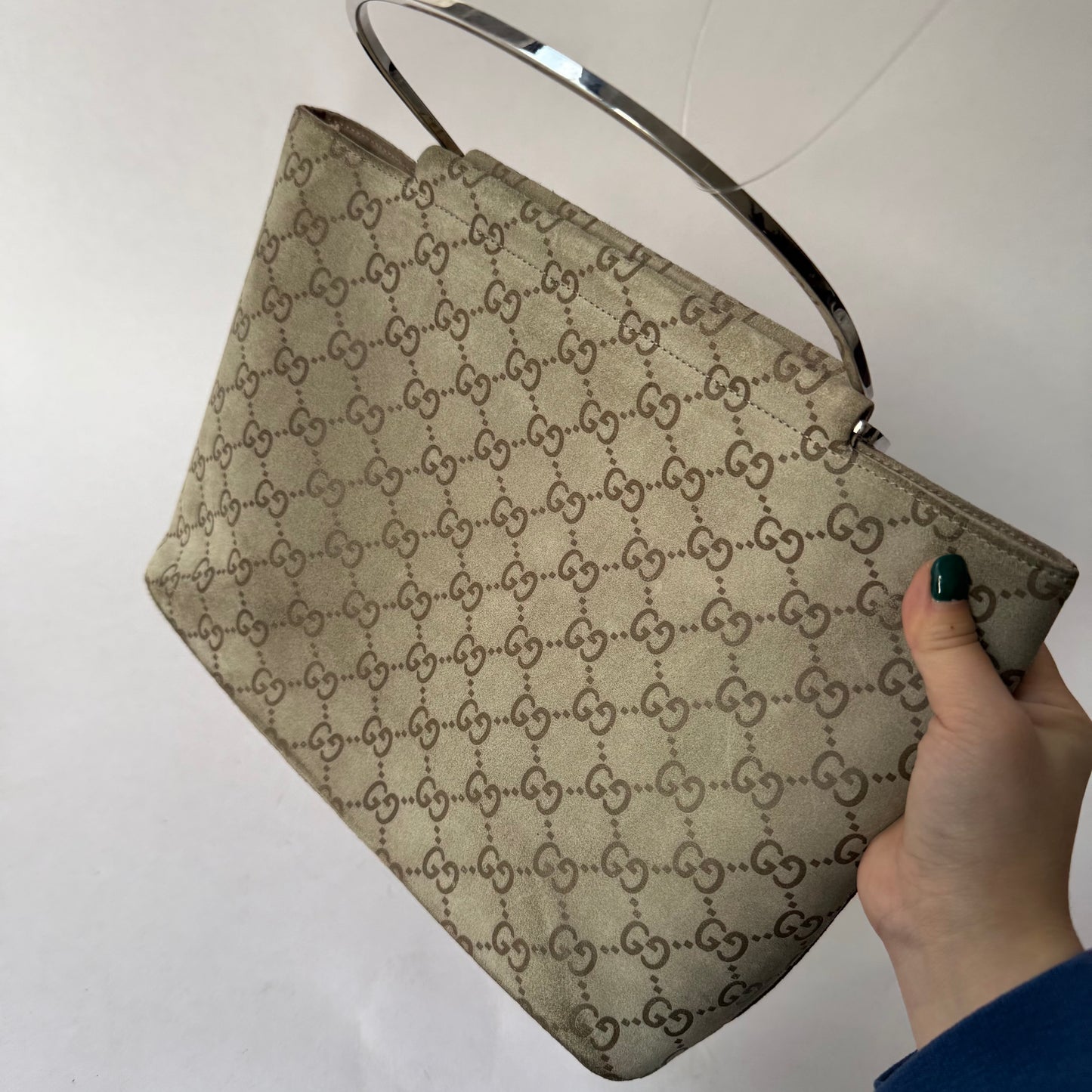 Gucci Beige Suede Monogram SIlver Top Handle Bag