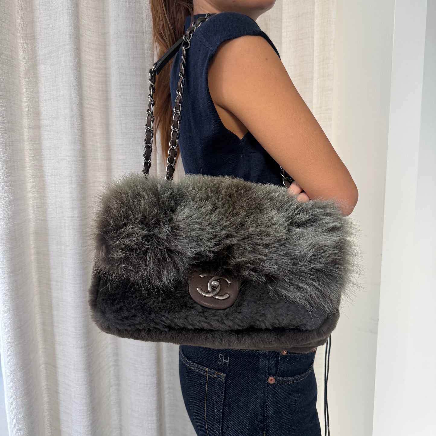 Chanel 2013 Green Ombre Fur Single Large Flap