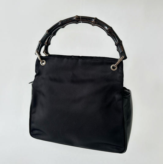 Gucci Black Nylon & Leather Bamboo Tote