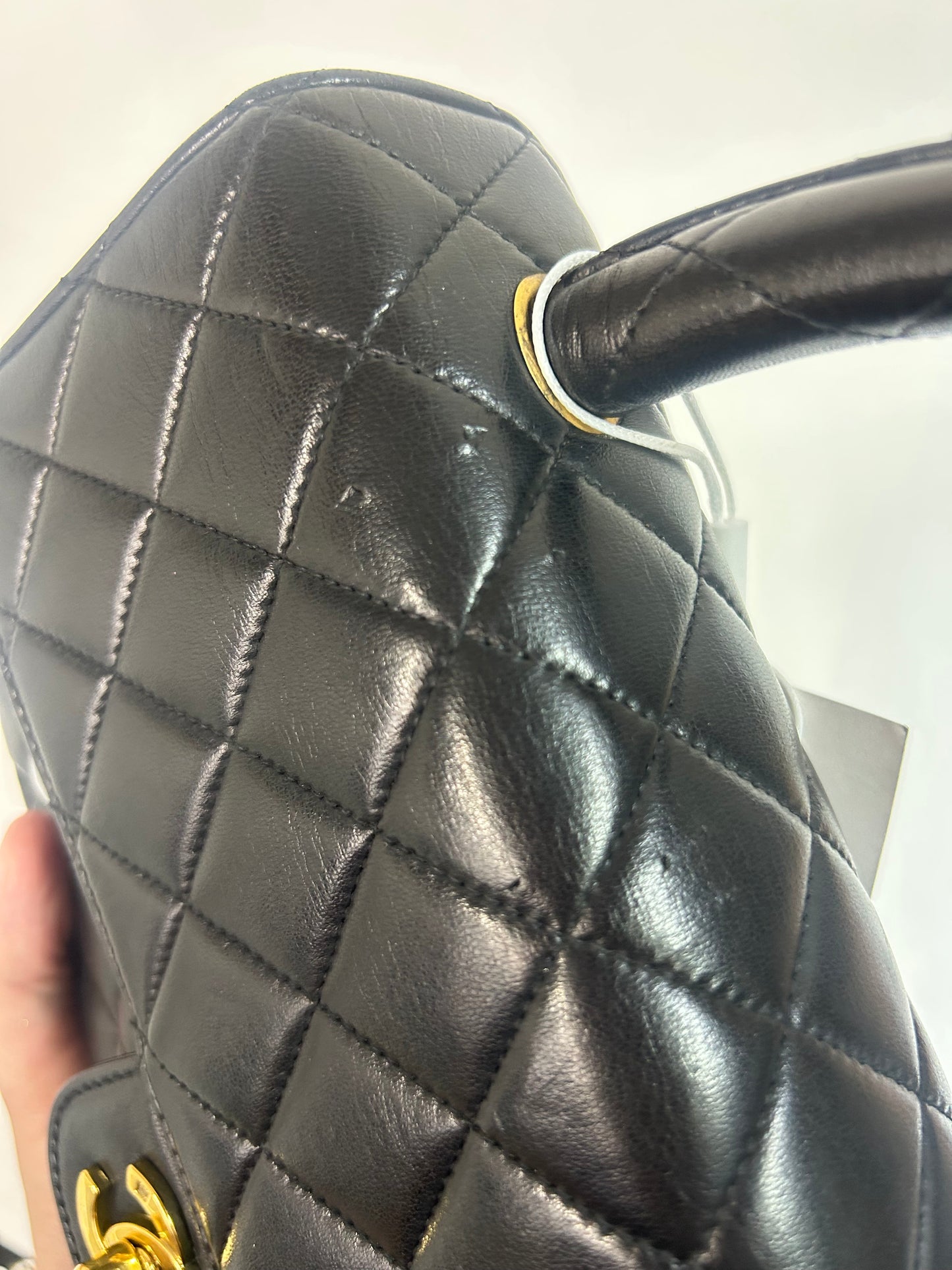 Chanel Black Lambskin Leather Quilted Medium Kelly Flap Top Handle Bag