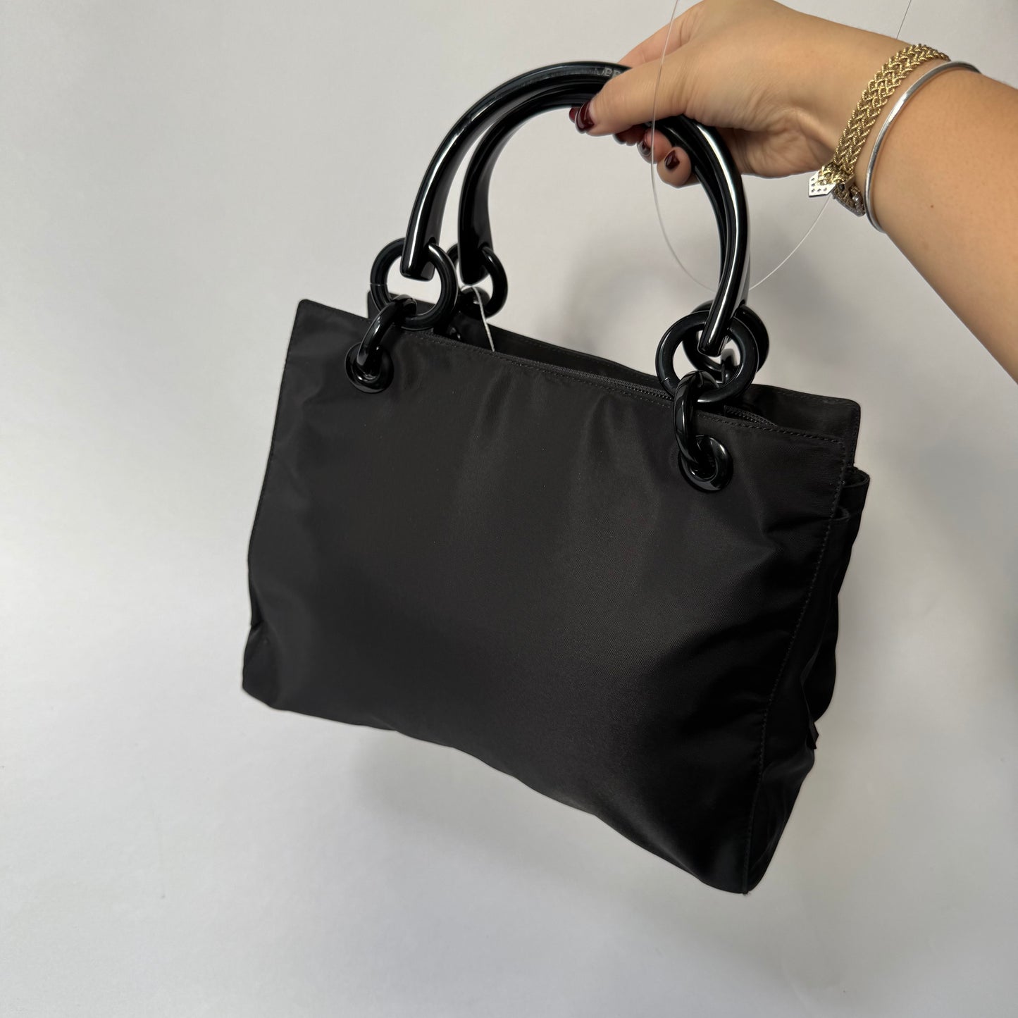 Prada Black Nylon Black Acrylic Handle Tote Bag