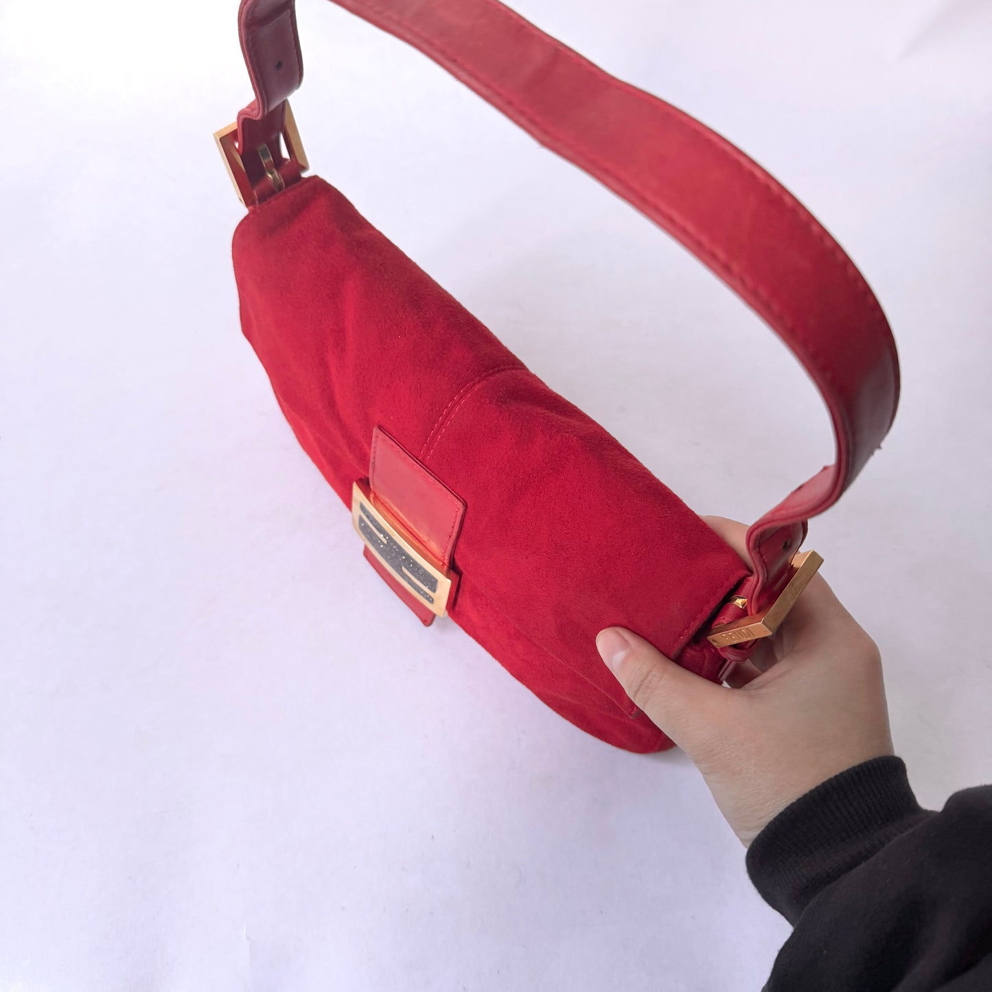 Fendi Red Suede & Leather Baguette Shoulder Bag