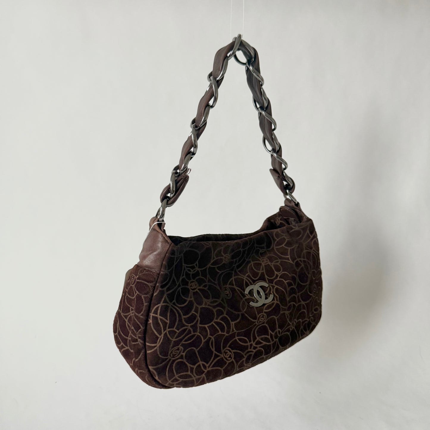 Chanel Brown Suede Cocomark Camellia Floral Bag