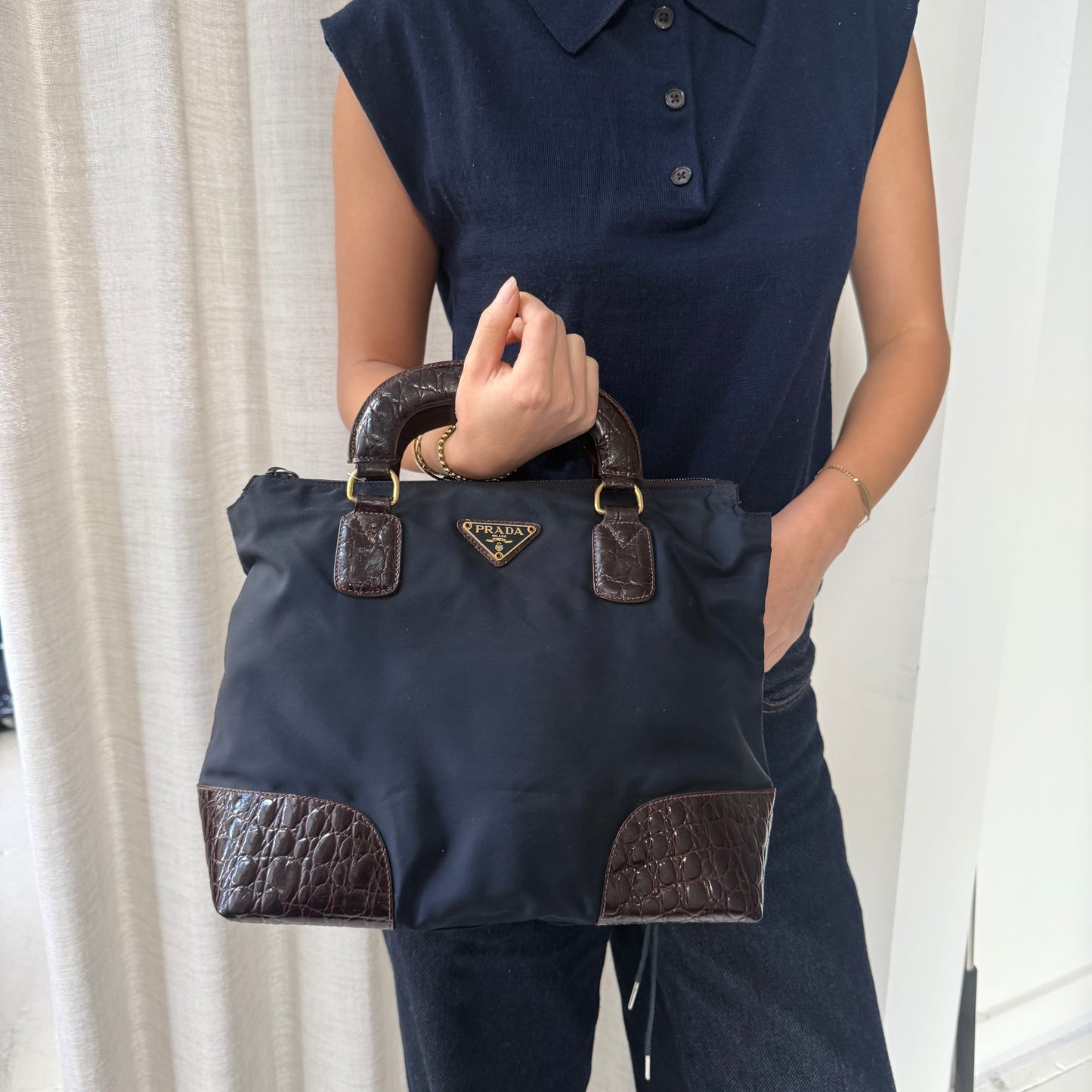 Prada Navy & Brown Nylon & Crocodile Top Handle Bag