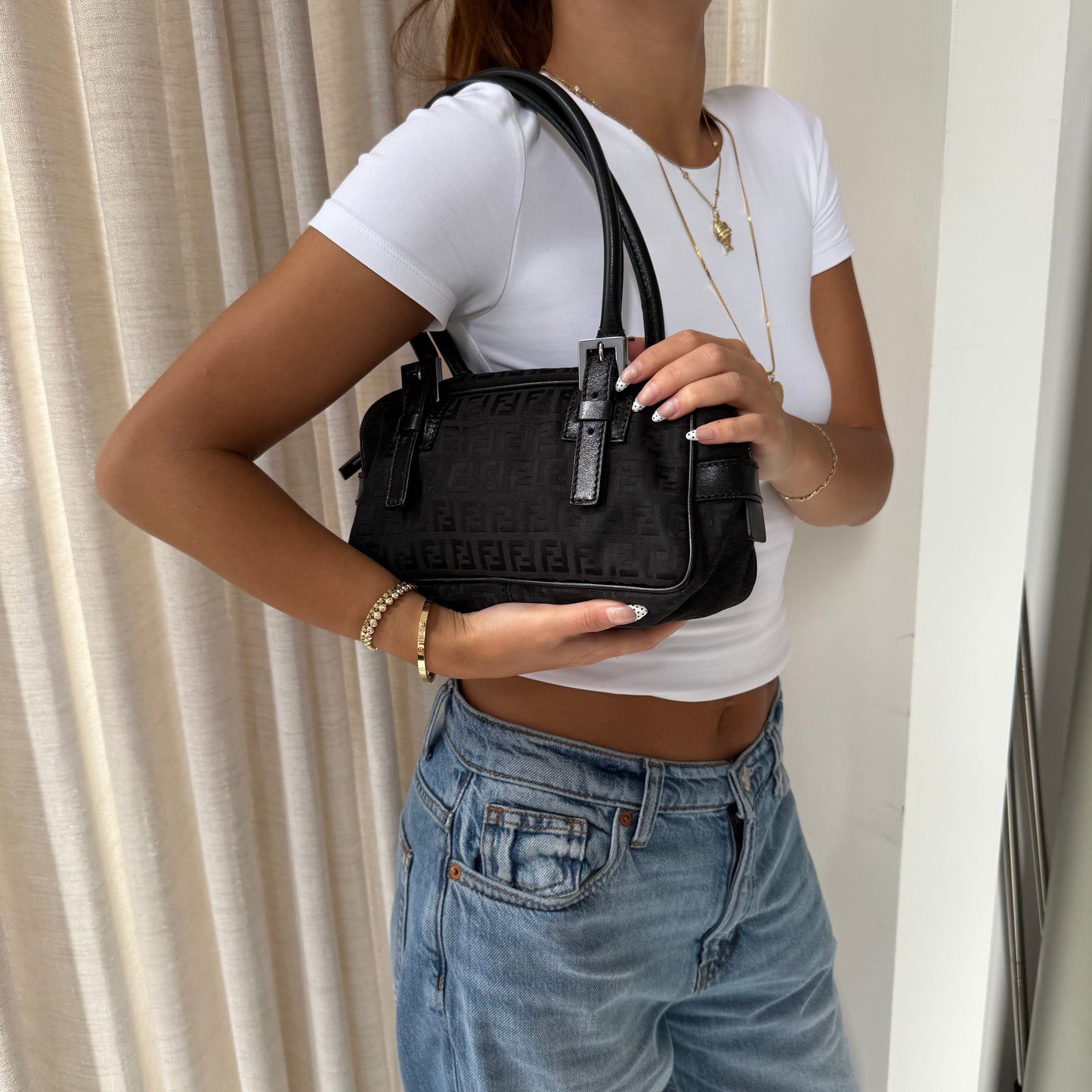 Fendi Black Zucchino Canvas Small Boston Bag