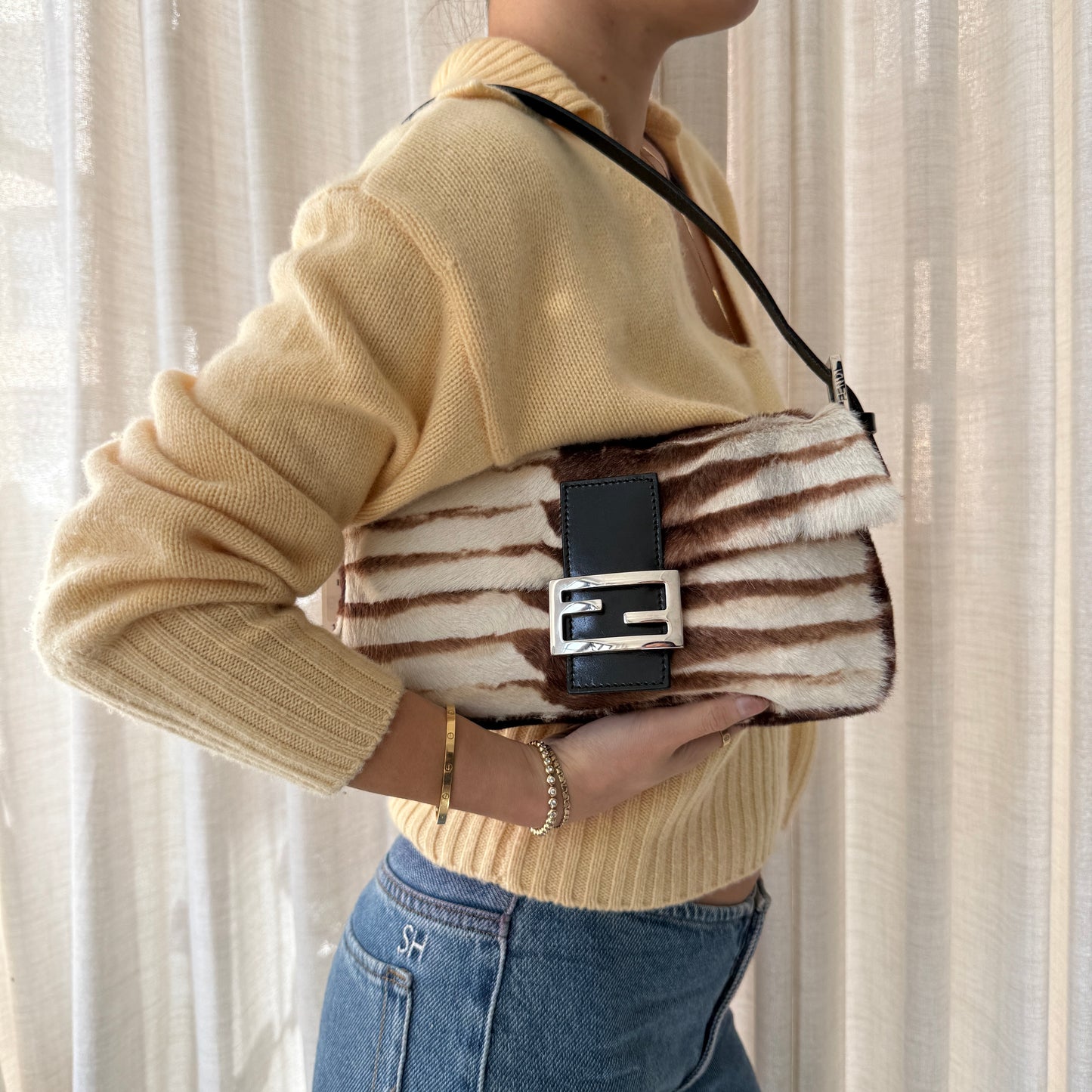 Fendi Brown Multicolored Ponyhair Baguette Shoulder Bag