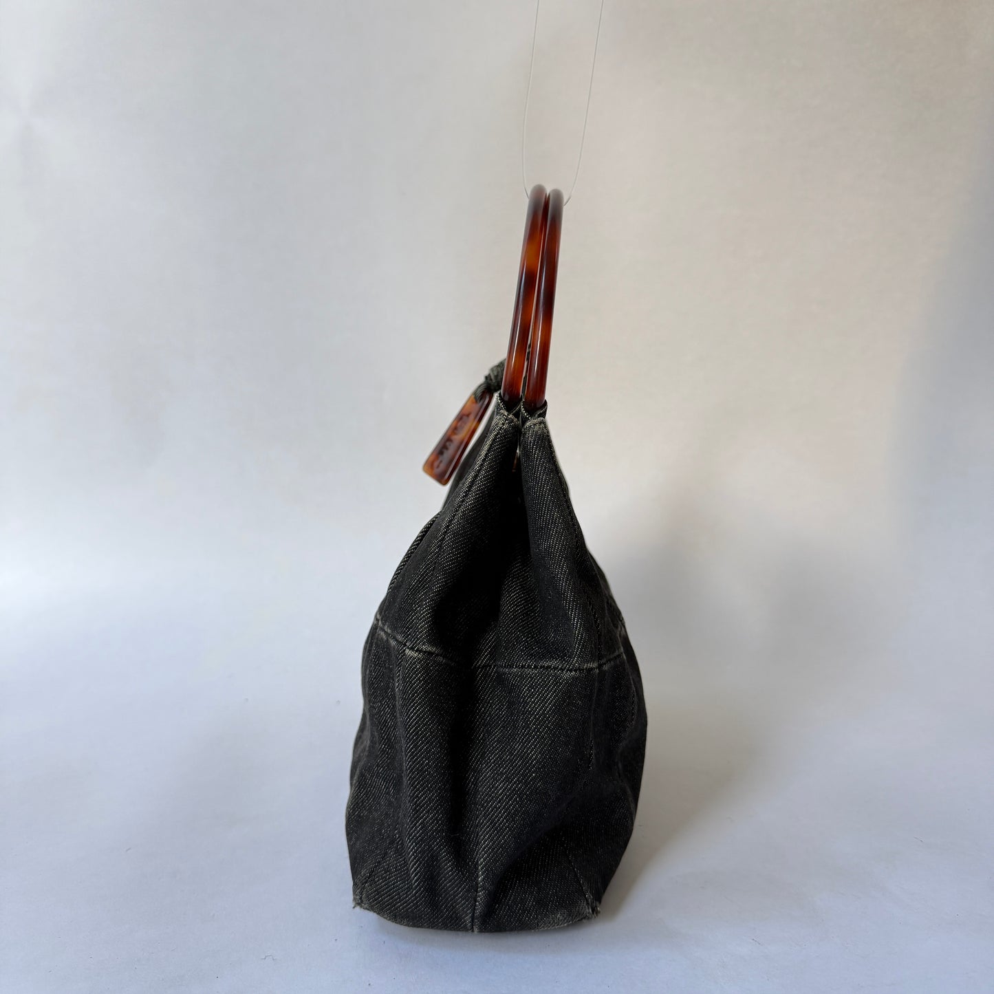 Chanel Black Denim Pleated Tortoise Shell Handle Tote Bag