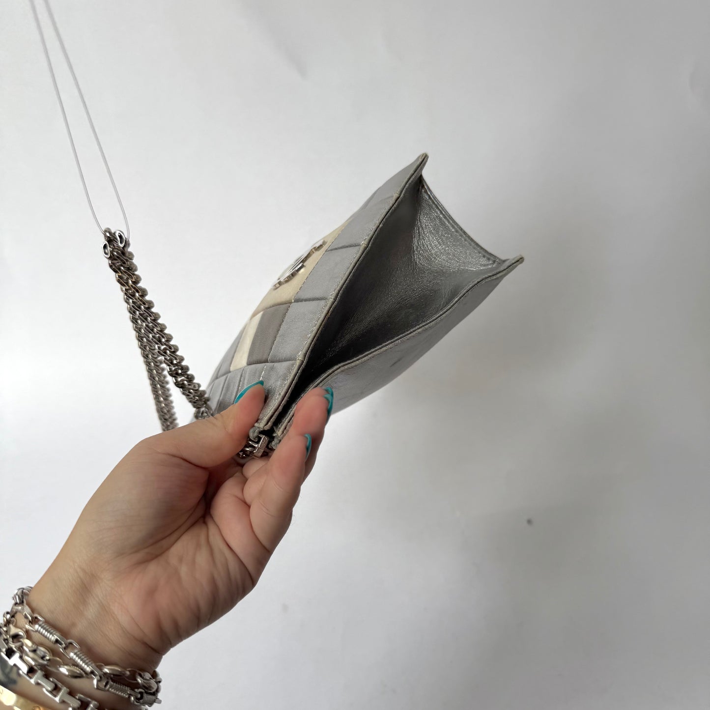 Chanel Silver Multicolor Leather Chocolate Bag Clutch