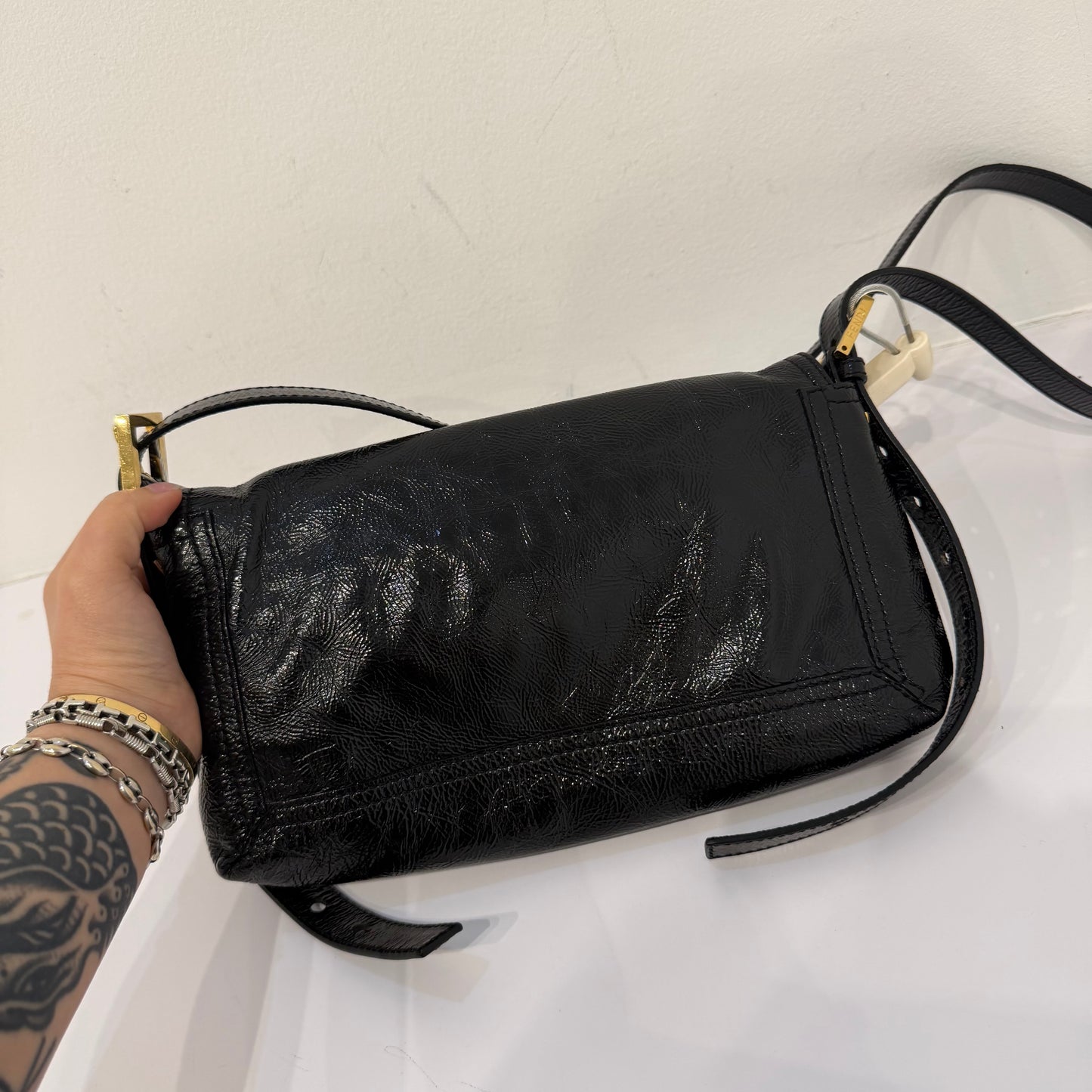 Fendi Black Crinkle Patent Leather Long Strap Baguette