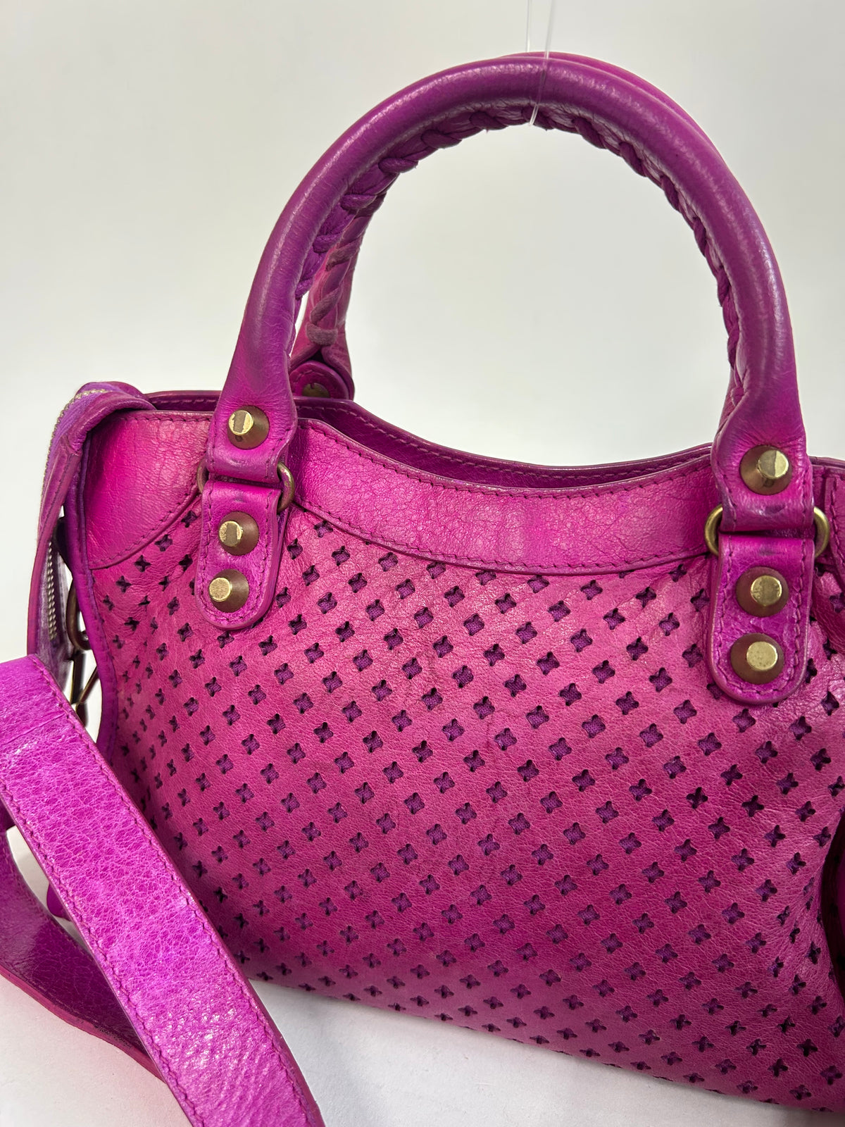 Balenciaga Pink Perforated Leather Mini City Bag