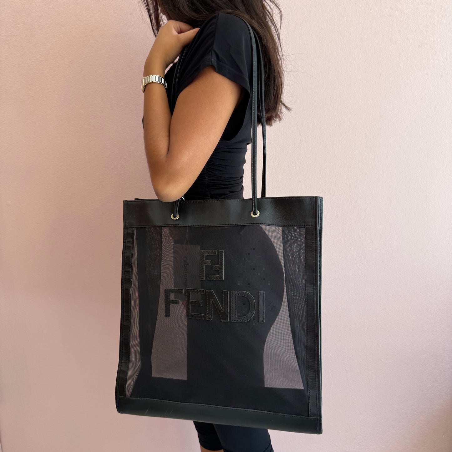 Fendi Black Mesh Shopper Tote Bag