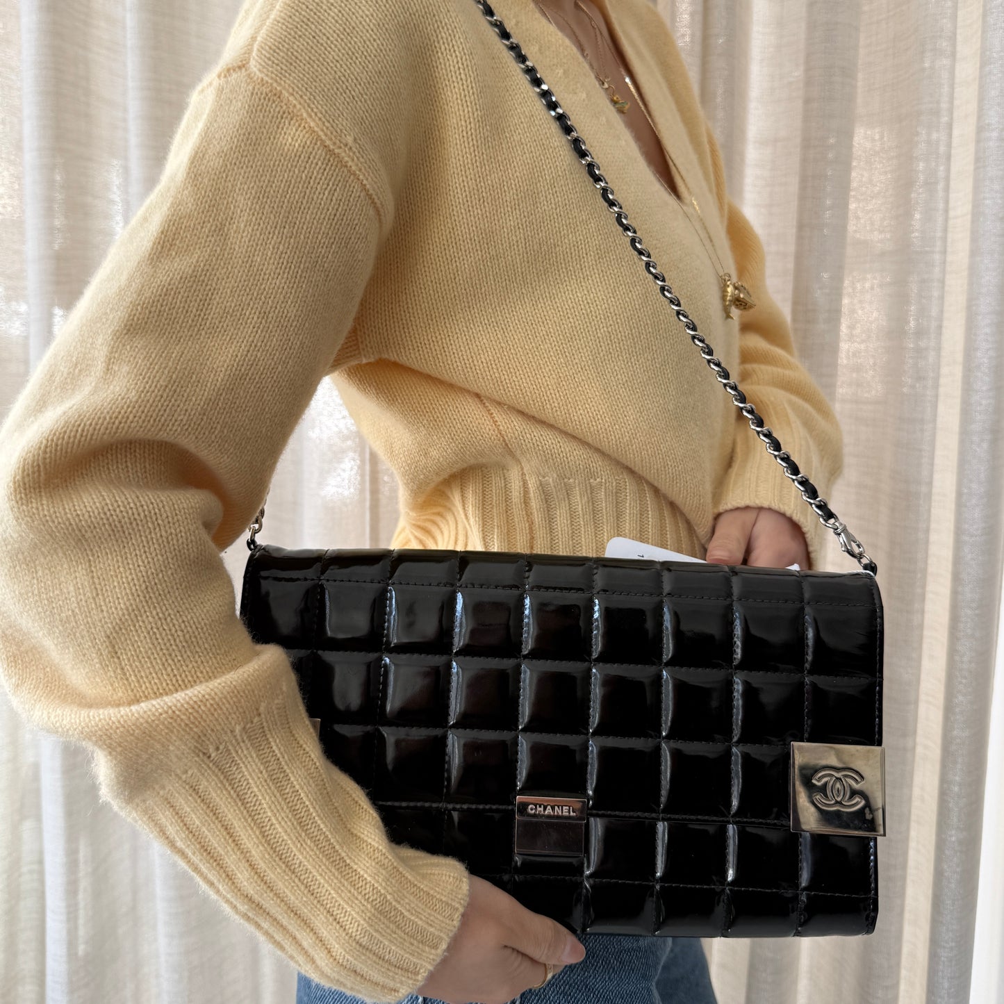 Chanel Black Patent Leather Chocolate Bar Shoulder Bag