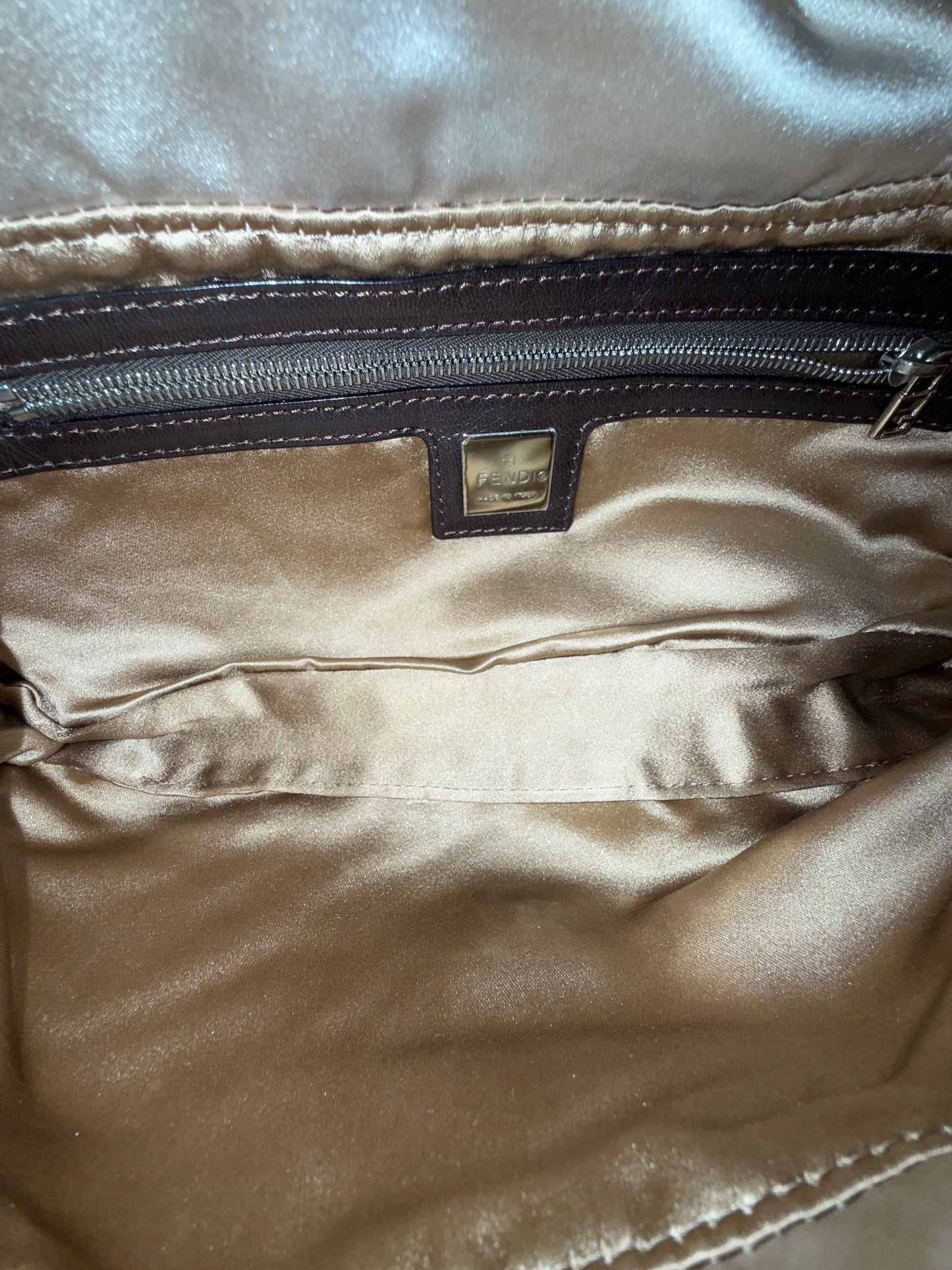Fendi Champagne Satin & Leather Rhinestone Baguette Shoulder Bag