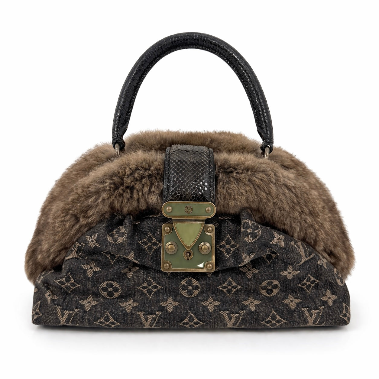 Louis Vuitton Brown Monogram Denim Chinchilla Demi Lune Bowler Bag