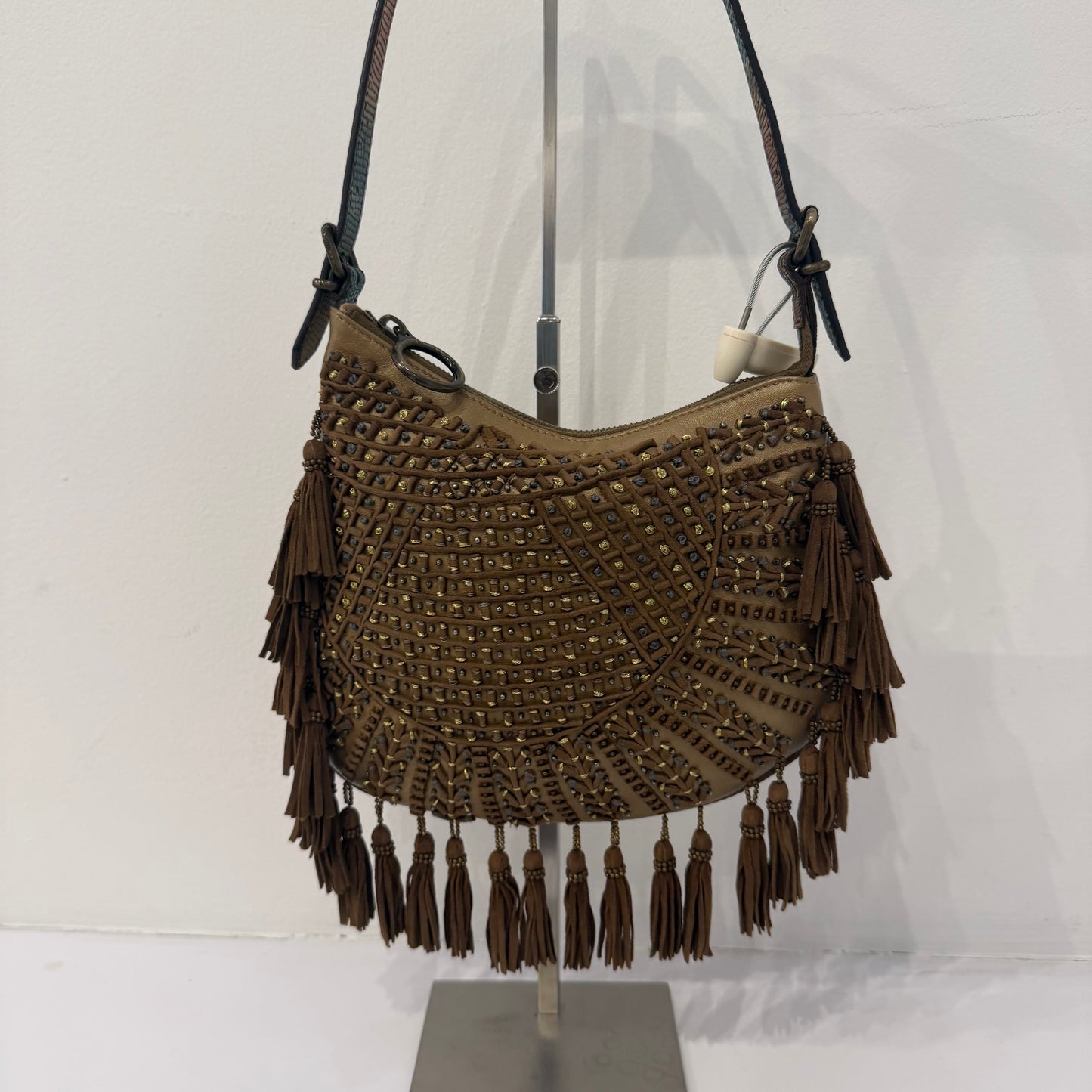 RARE Fendi Brown Suede Beaded Tassel Oyster Bag
