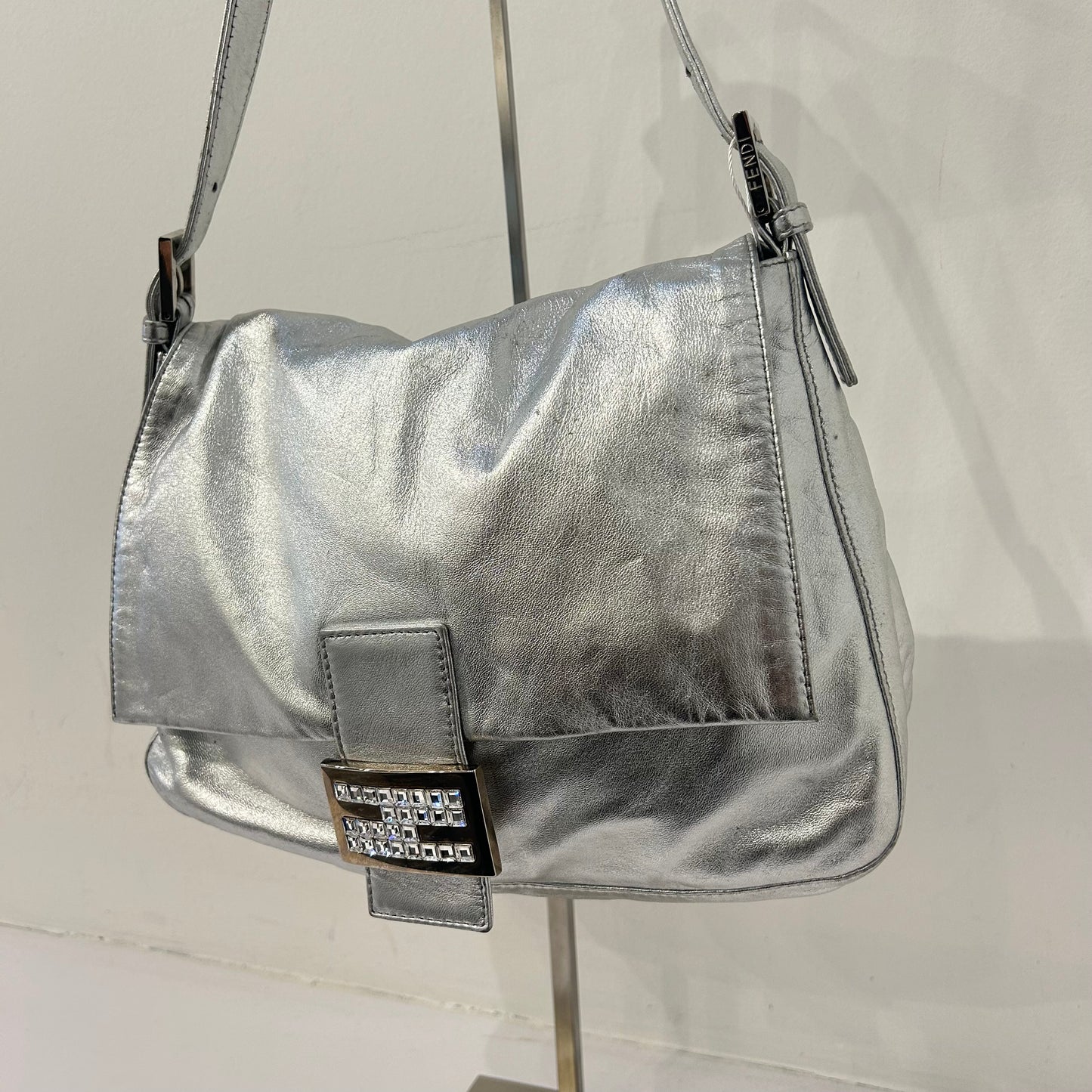Fendi Silver Metallic Leather Mamma Baguette Shoulder Bag