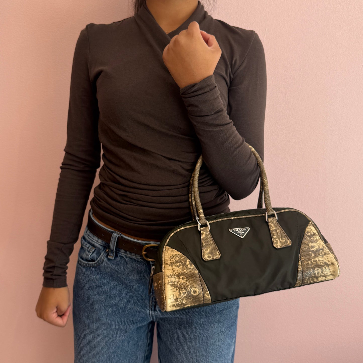 Prada Lizard Trim Nylon Khaki Shoulder Bag
