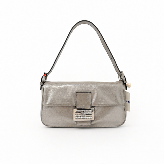 Fendi Silver Metallic Textured Leather Baguette