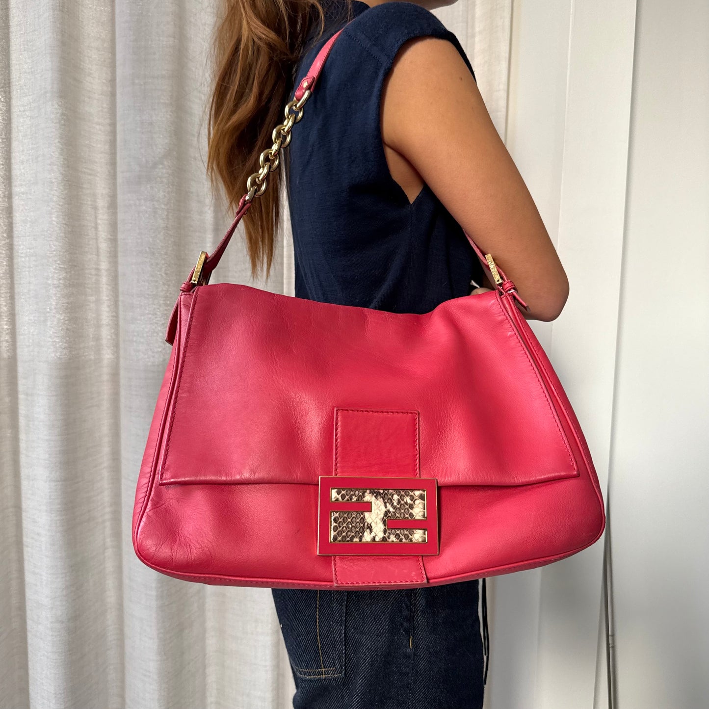 Fendi Red Leather Python Detail Mama Baguette Shoulder Bag