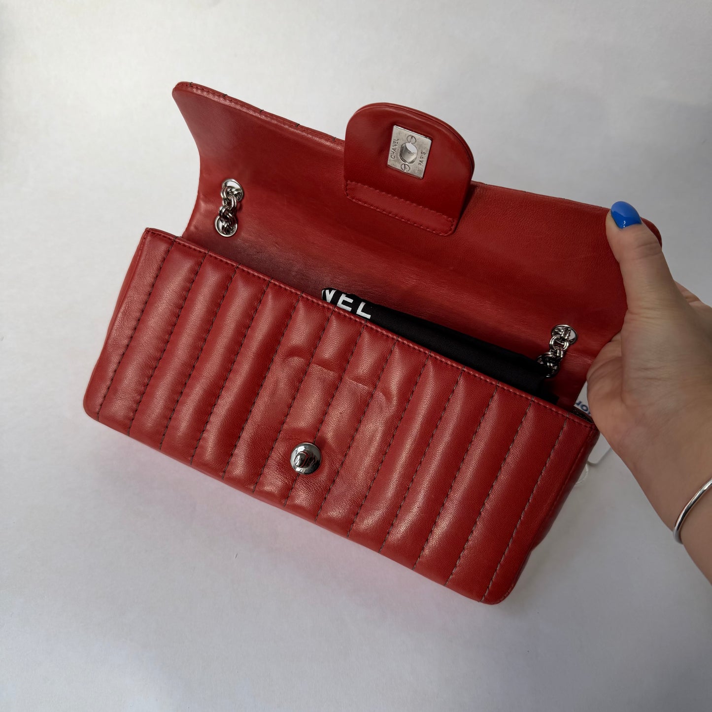 Chanel Red East West Vertical Quilted Bijoux Chain Flap