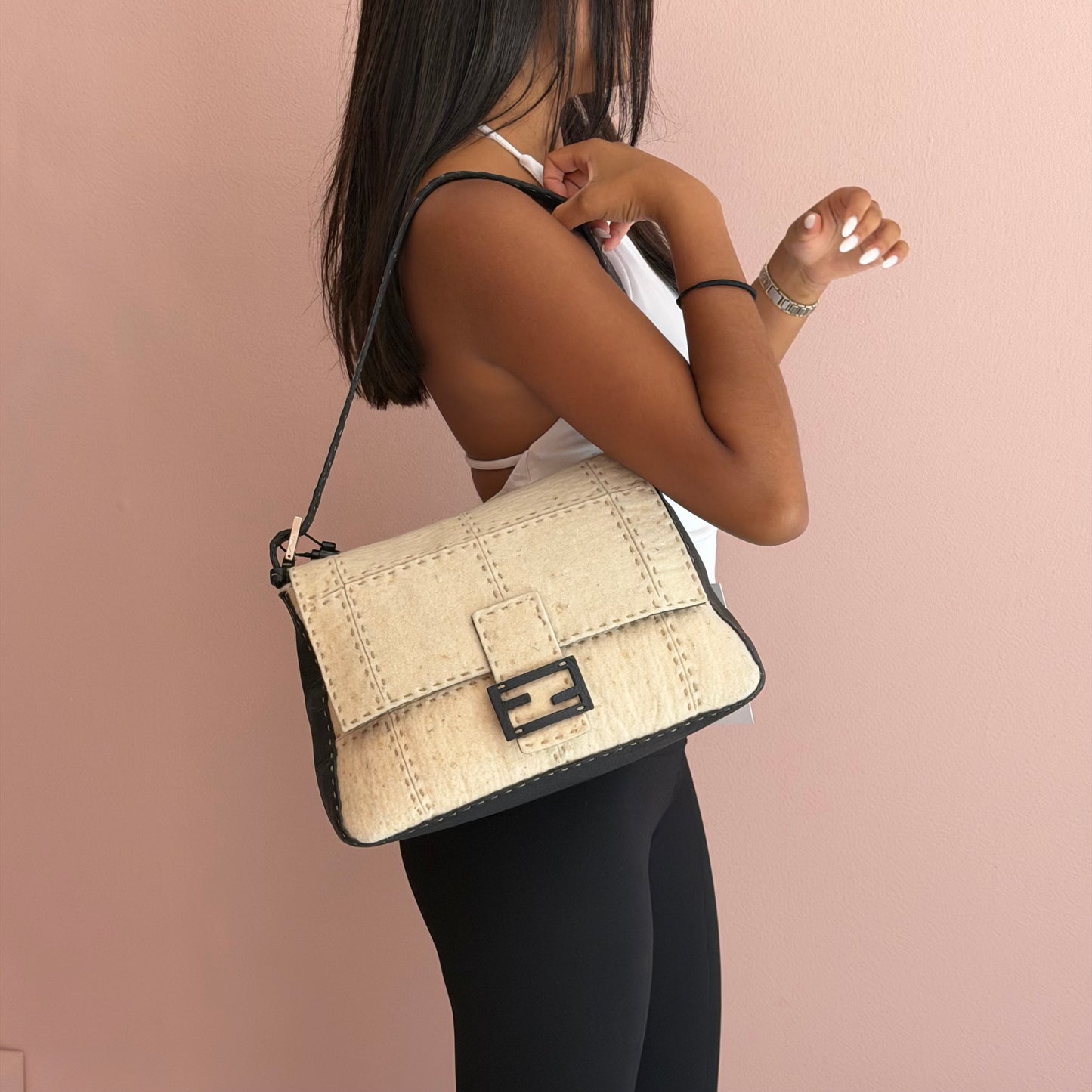 Fendi Ivory & Gray Wool & Leather Stitch Mamma Baguette