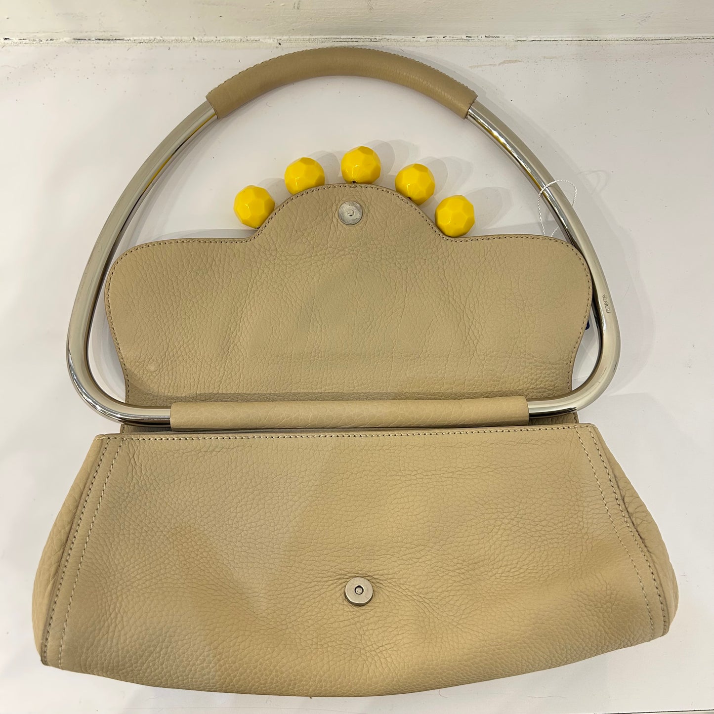 Prada Beige Multicolored Leather Beaded Jewel Metal Handle Shoulder Bag