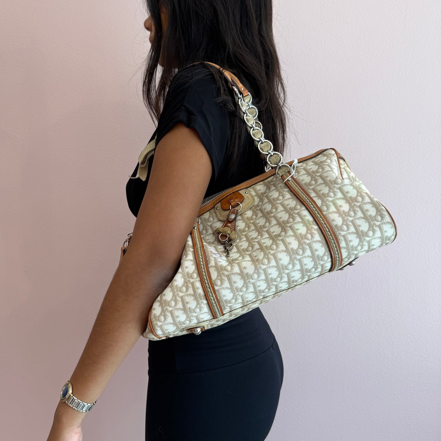 Chrisitian Dior Cream Trotter Monogram PVC Leather Boston Bag