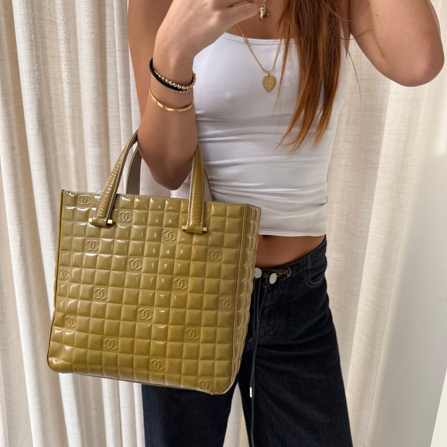 Chanel Yellow Patent Leather Chocolate Bar Tote Bag