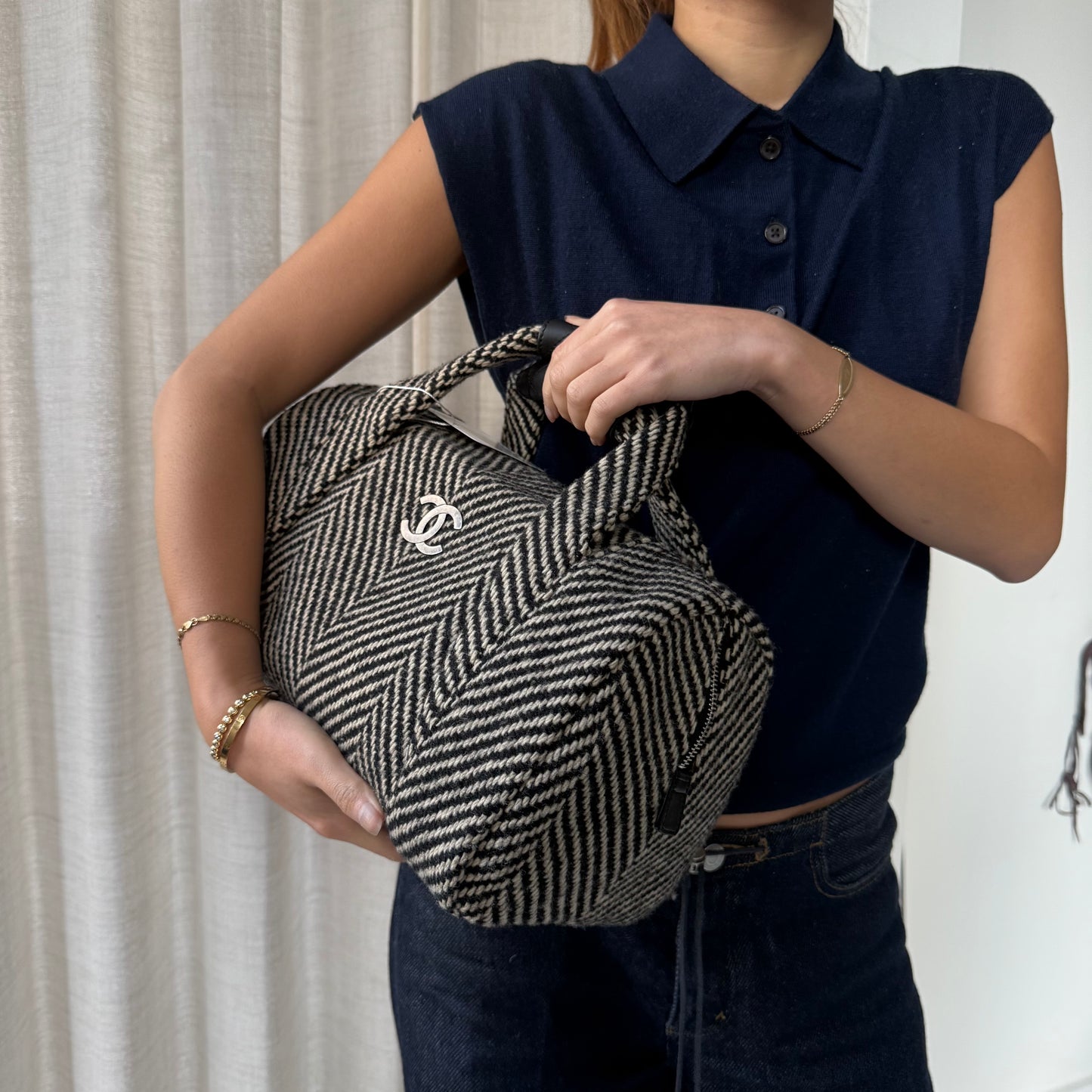 Chanel Black & White Wool Chevron Bowler Bag