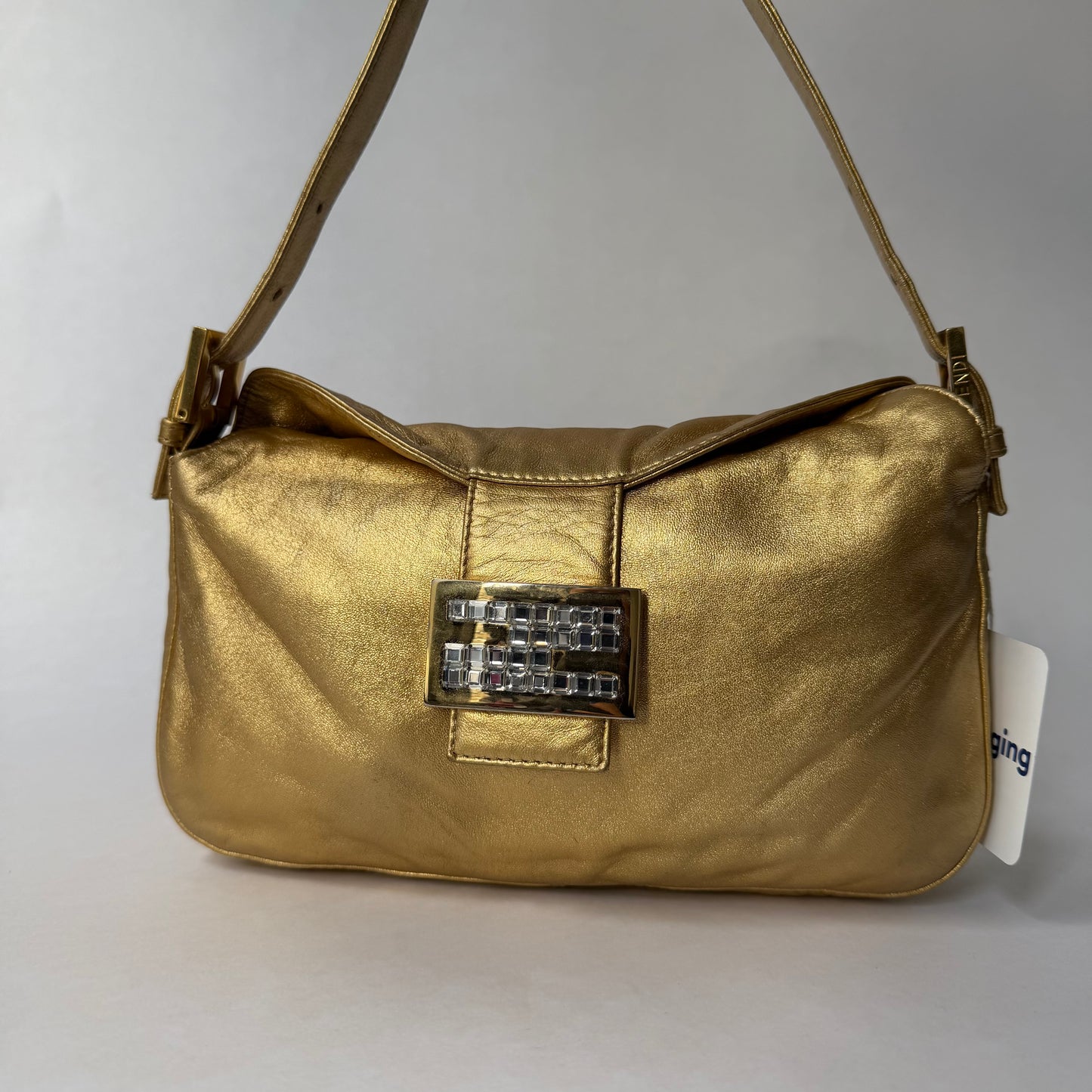 Fendi Gold Metallic Leather Rounded Baguette Shoulder Bag