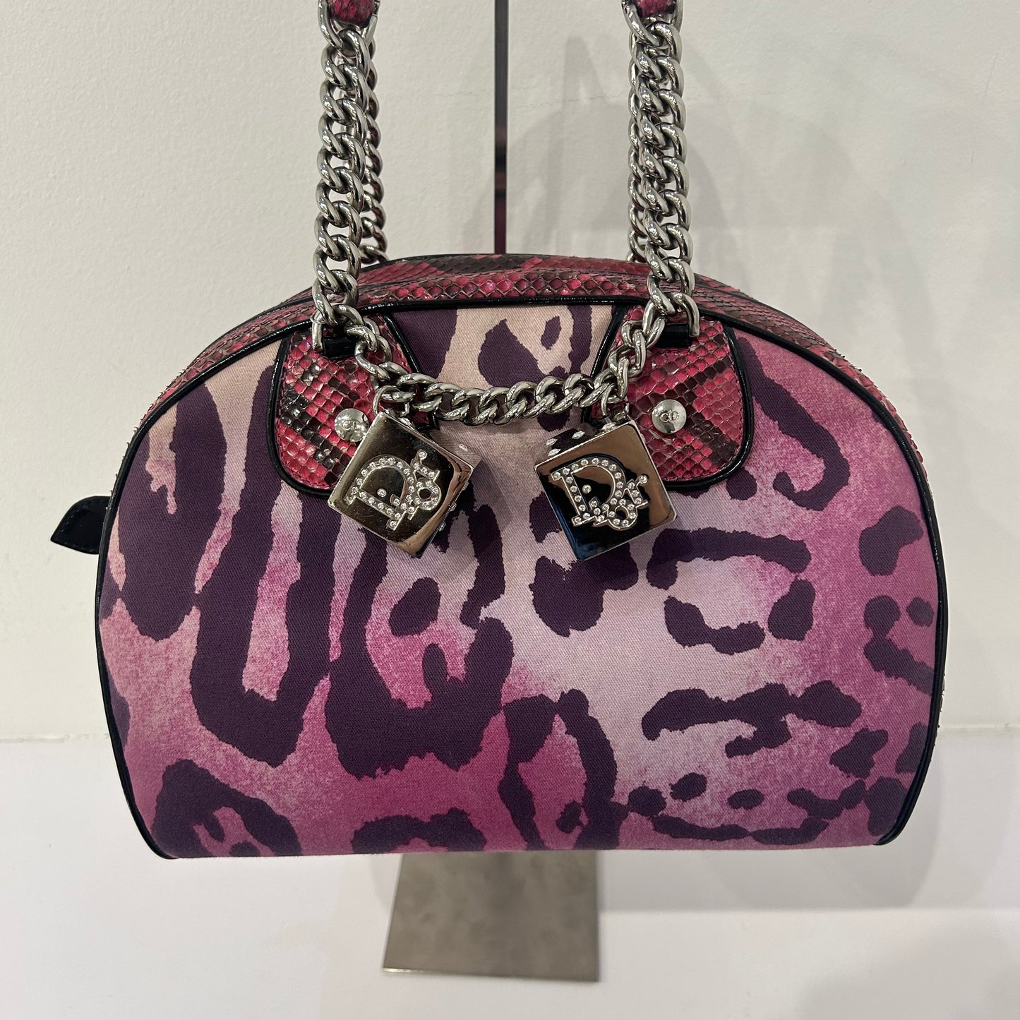 Christian Dior Pink Python Leather & Canvas Cheetah Print Gambler Dice Bowler Bag