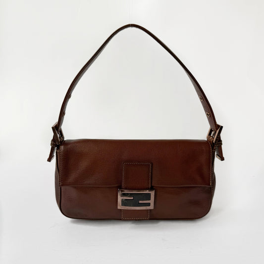 RARE Fendi Brown Leather Patina Black Stone Rose Gold HW Baguette Shoulder Bag